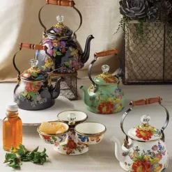 MacKenzie-Childs Black Flower Market 3 Quart Tea Kettle< Tea Kettles