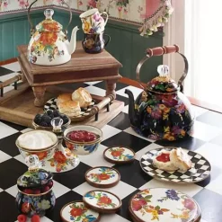 MacKenzie-Childs Black Flower Market 3 Quart Tea Kettle< Tea Kettles