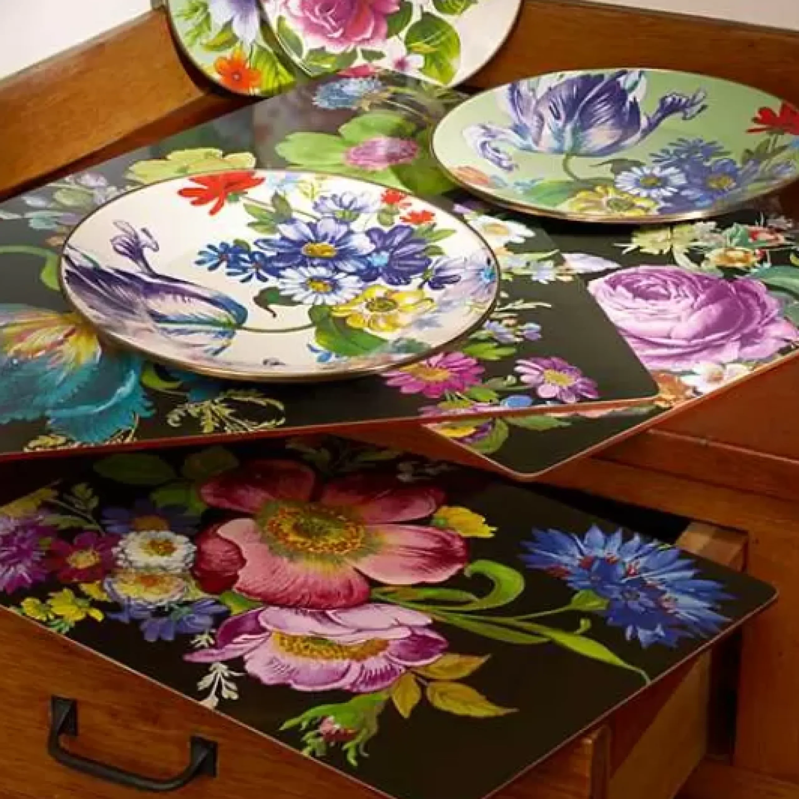 MacKenzie-Childs Black Flower Market Placemats, Set of 4< Table Accessories|Kitchen & Table Linens