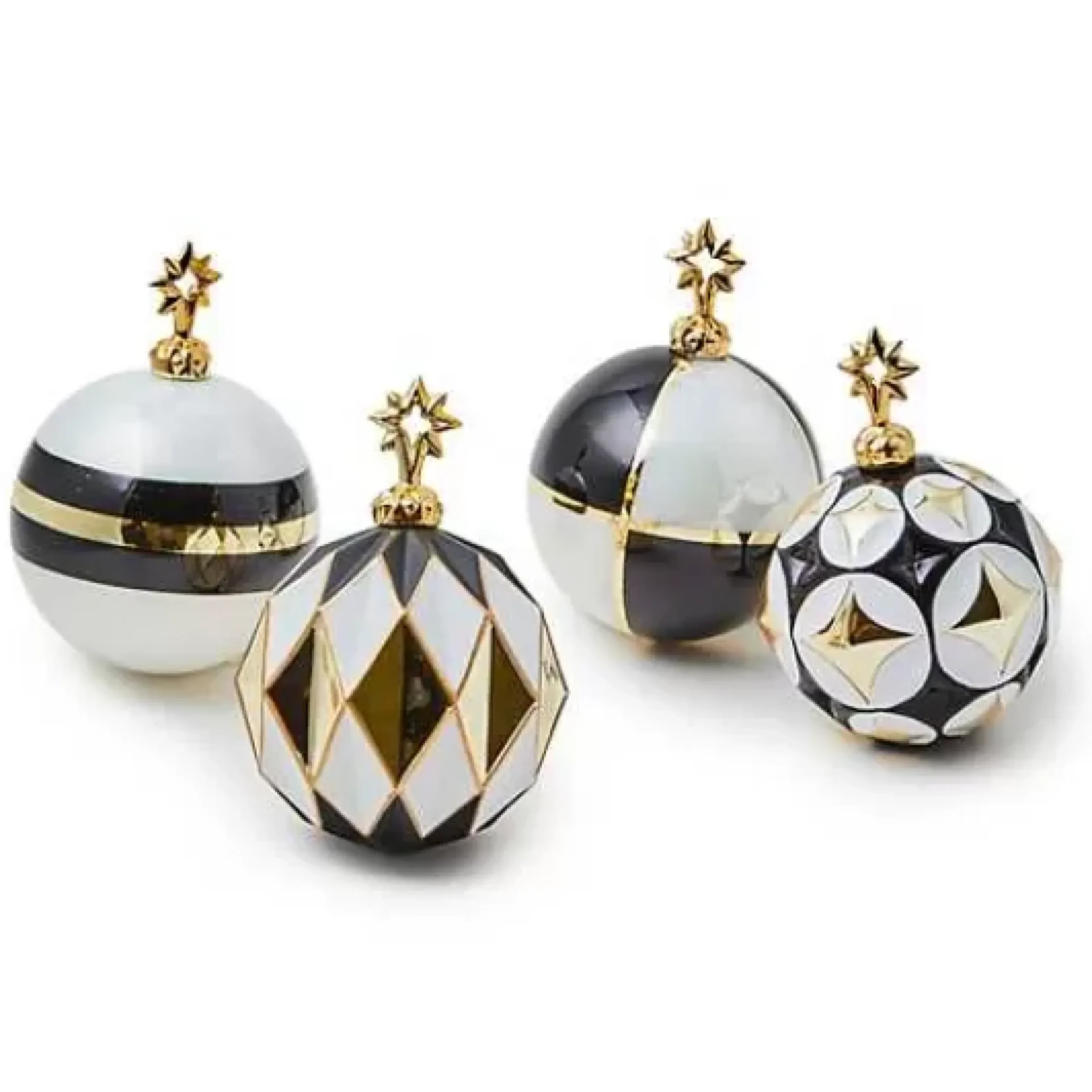 MacKenzie-Childs Black White Star Glass Ball Ornaments, Set of 4< Holiday