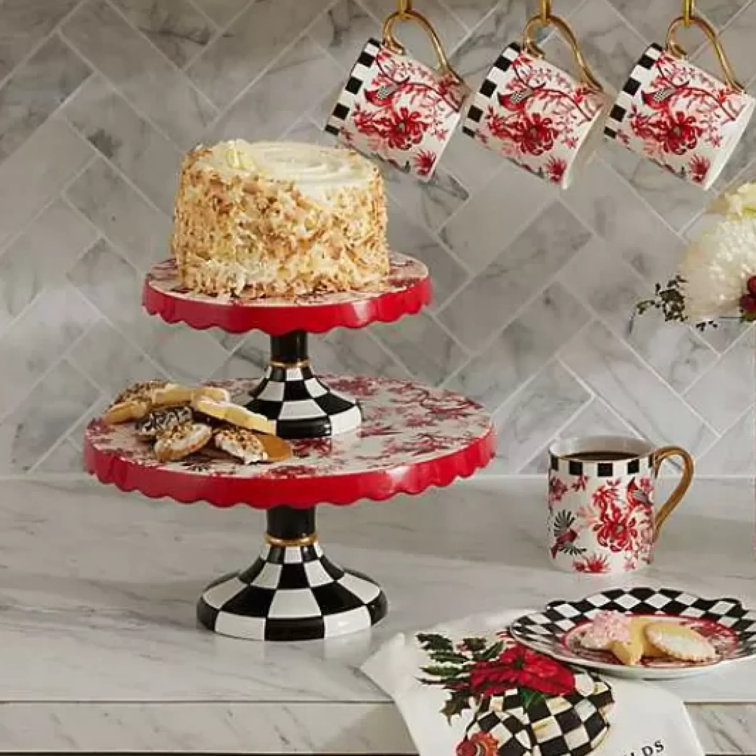 MacKenzie-Childs Cardinal Toile Small Pedestal Platter< Serveware