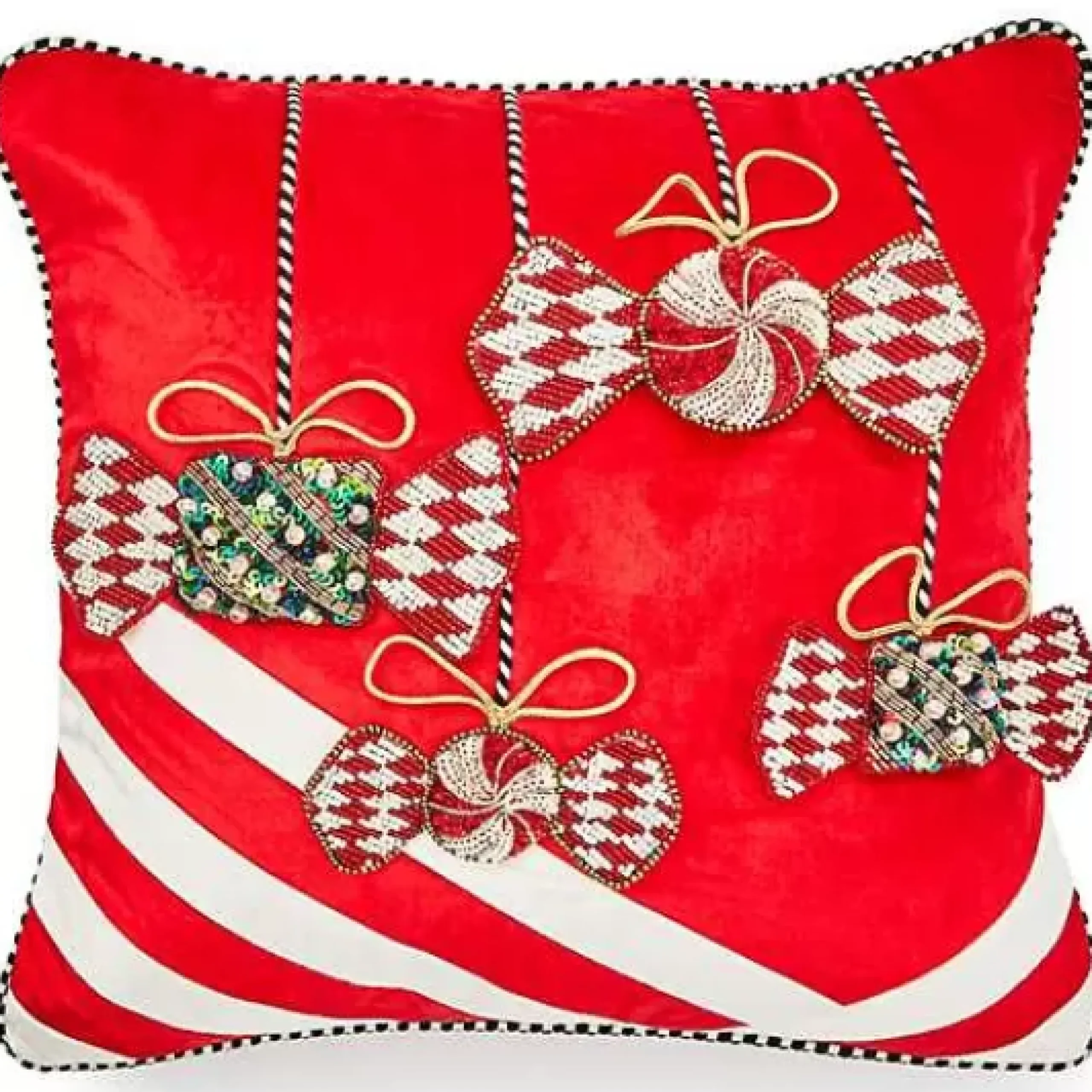 MacKenzie-Childs Christmas Candy Red Beaded Throw Pillow< Pillows, Throws, & Cushions