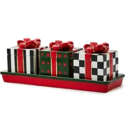 MacKenzie-Childs Christmas Gift Lidded Boxes  Tray Set< Kitchen & Dining Sets|Kitchen Storage & Organization