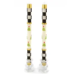 MacKenzie-Childs Christmas Tree Dinner Candles - Check Bands - Set of 2< Holiday|Candles & Fragrances