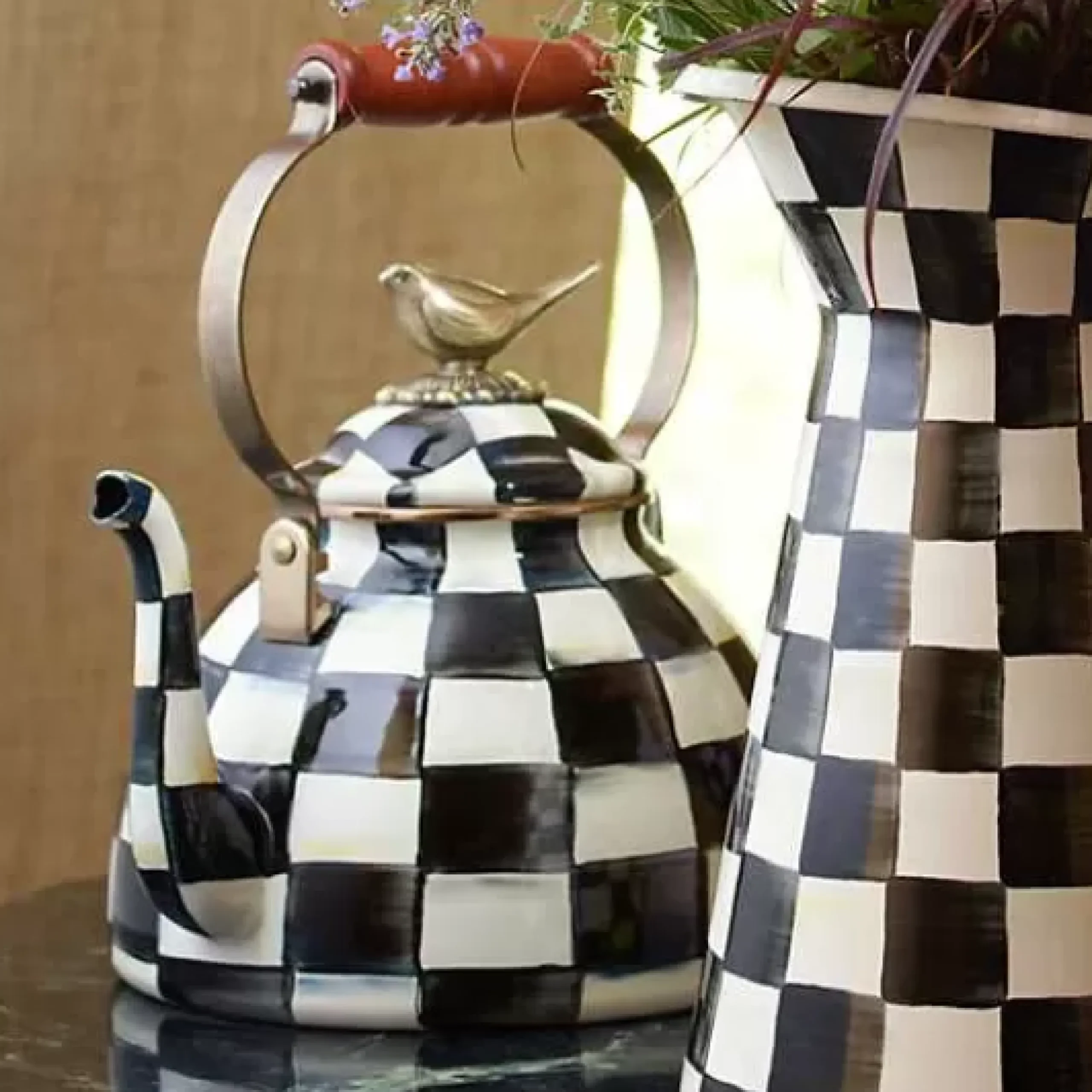 MacKenzie-Childs Courtly Check 3 Quart Tea Kettle with Bird< Cookware & Bakeware|Tea Kettles