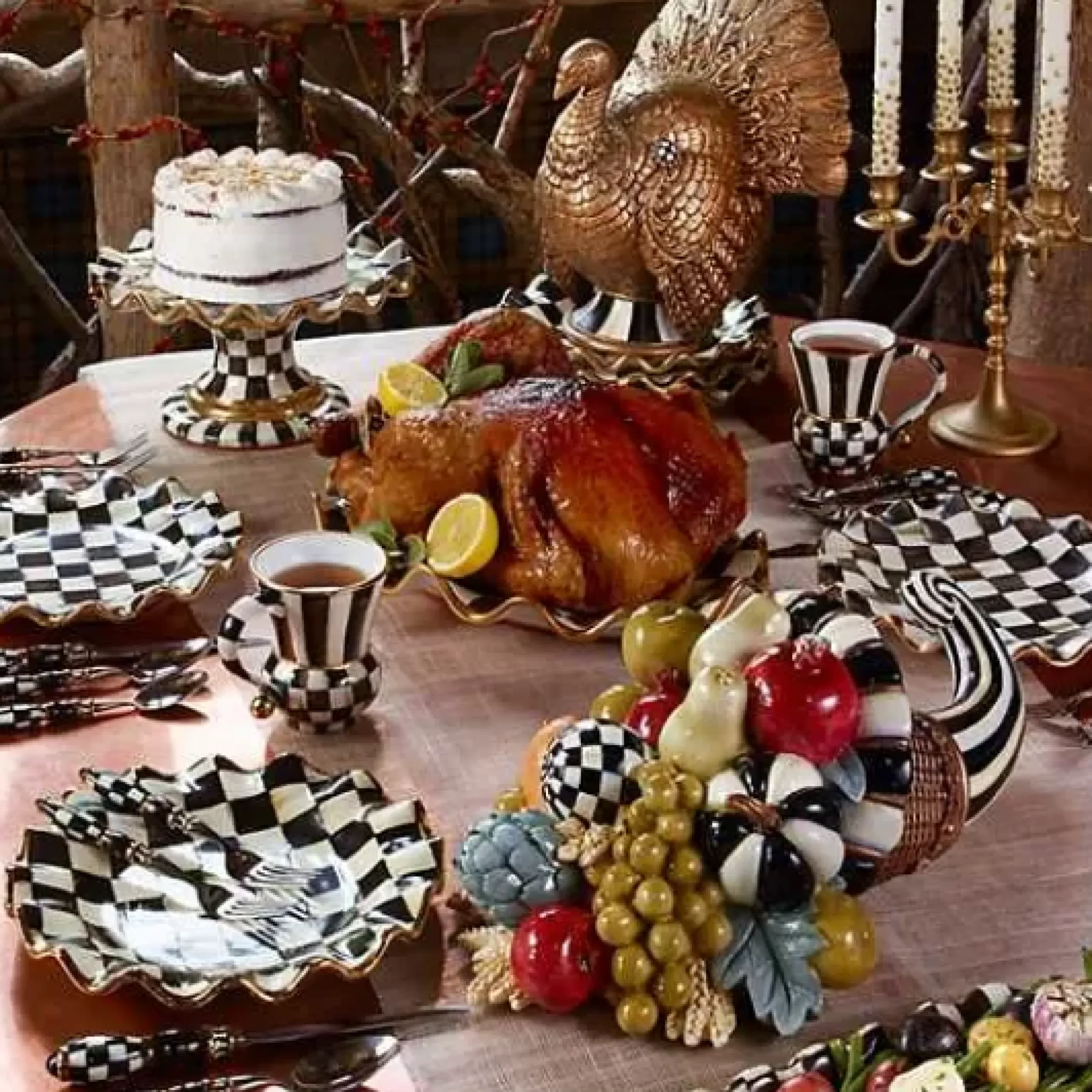 MacKenzie-Childs Courtly Check Ceramic Fluted Cake Stand< Serveware