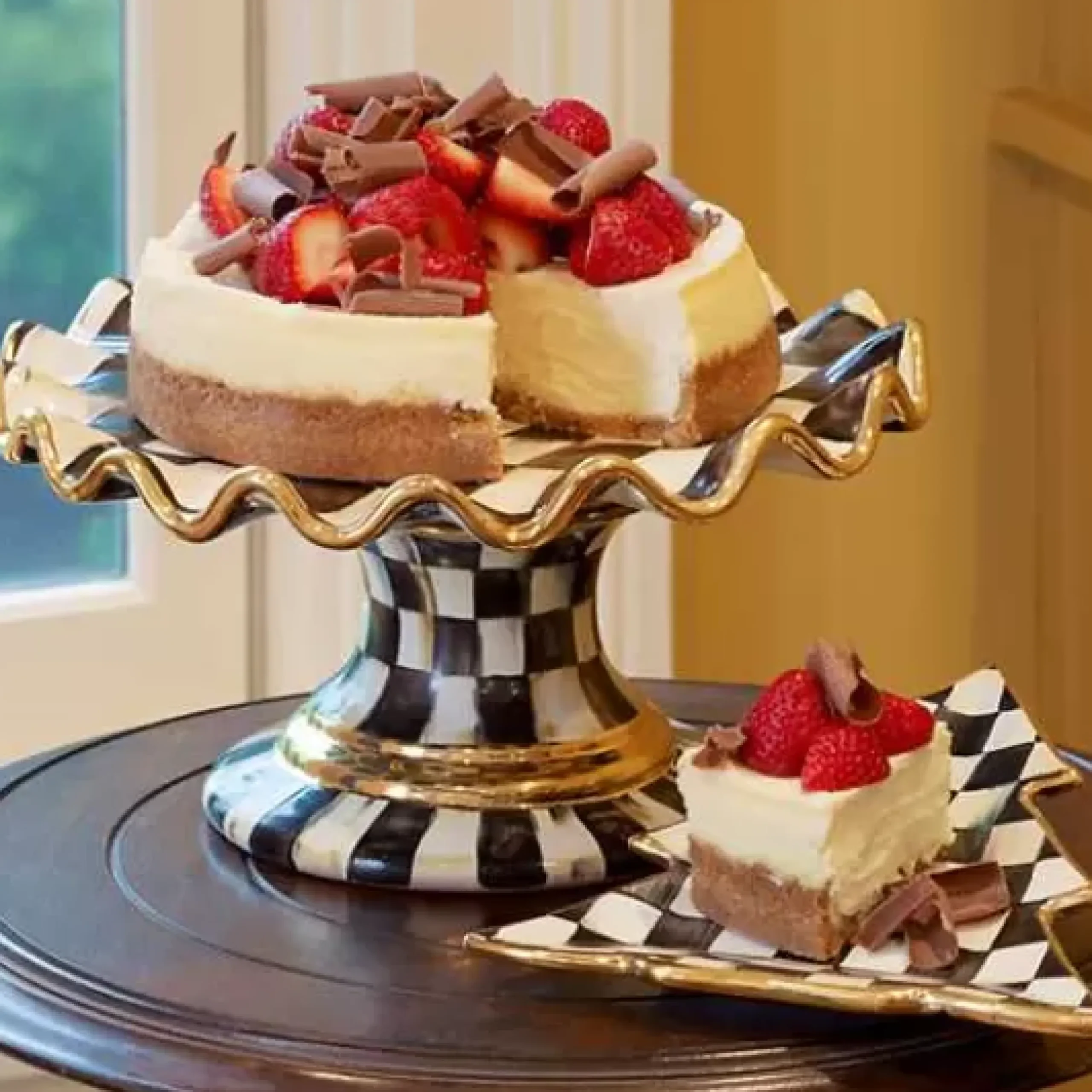 MacKenzie-Childs Courtly Check Ceramic Fluted Cake Stand< Serveware