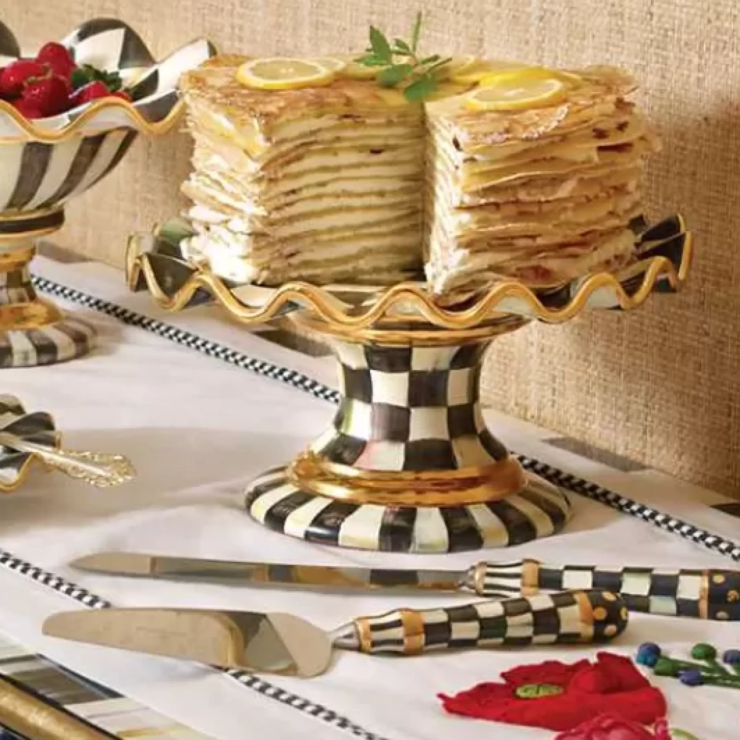 MacKenzie-Childs Courtly Check Ceramic Fluted Cake Stand< Serveware