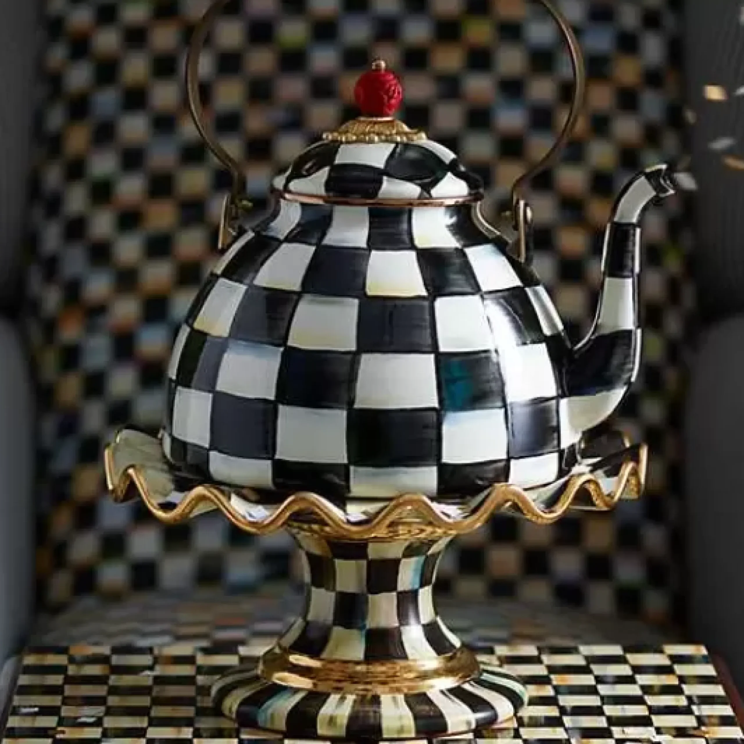 MacKenzie-Childs Courtly Check Ceramic Fluted Cake Stand< Serveware