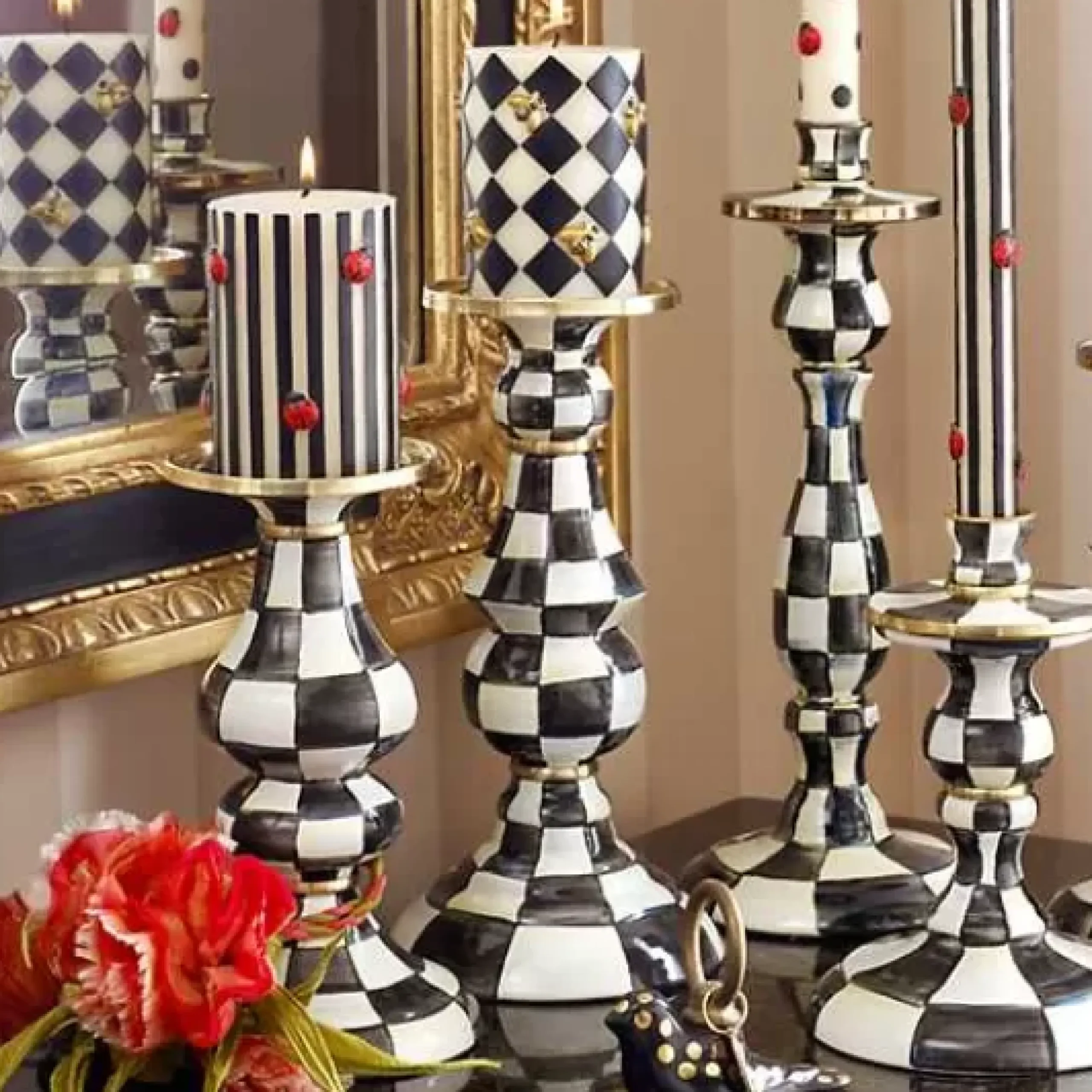 MacKenzie-Childs Courtly Check Large Pillar Candlestick< Candles & Fragrances|Table Accessories