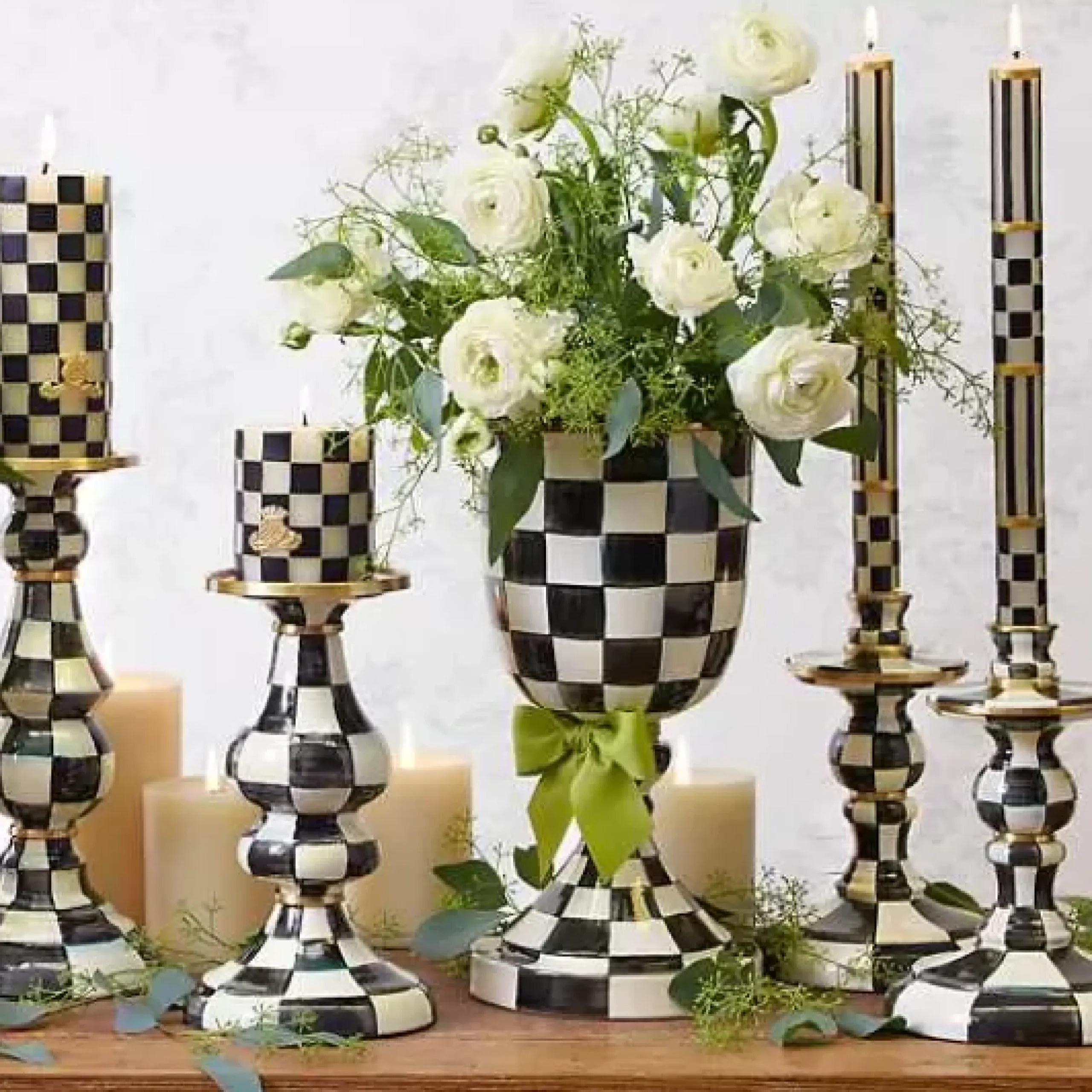 MacKenzie-Childs Courtly Check Medium Enamel Candlestick< Candles & Fragrances|Table Accessories