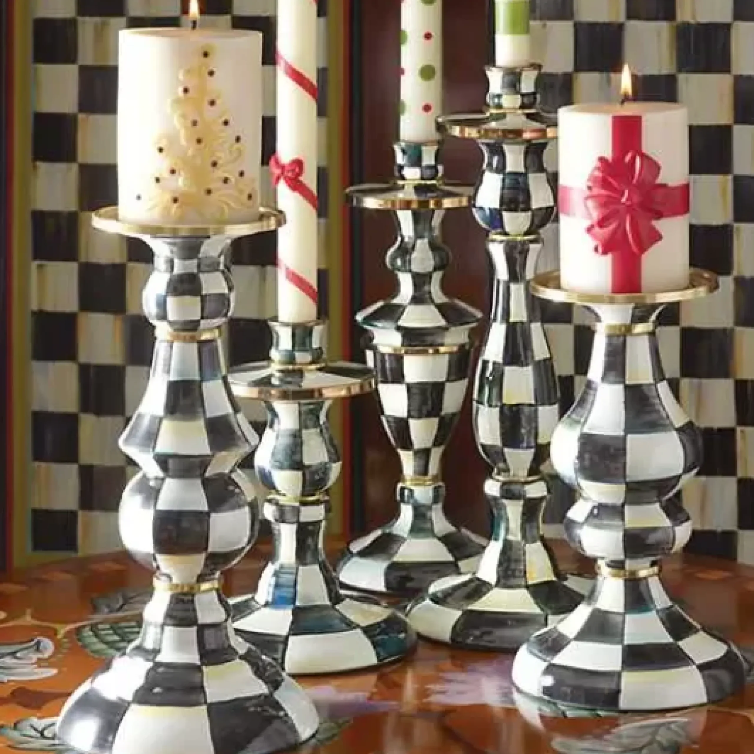 MacKenzie-Childs Courtly Check Medium Pillar Candlestick< Candles & Fragrances|Table Accessories