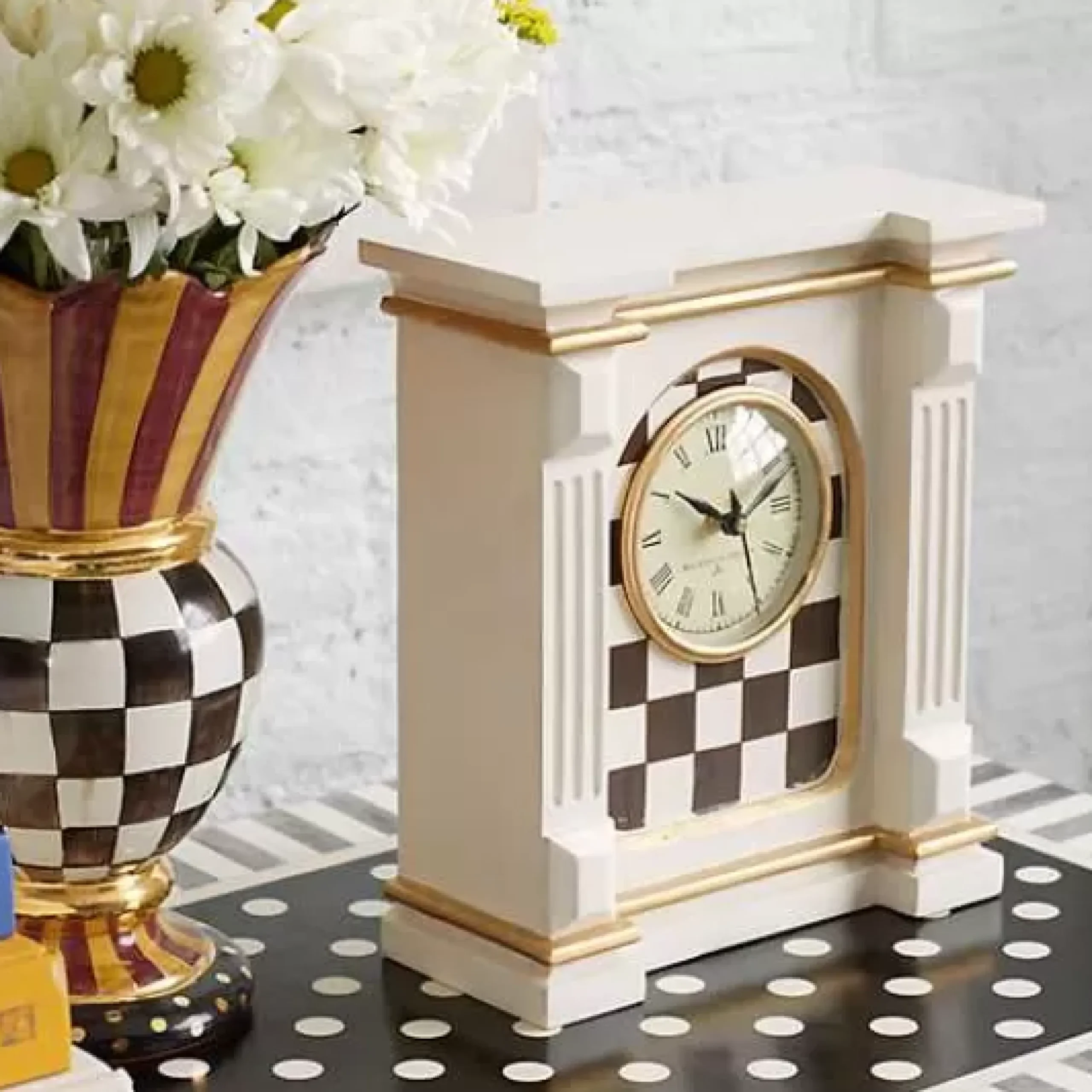 MacKenzie-Childs Courtly Check Off White Mantel Clock< Room Accents