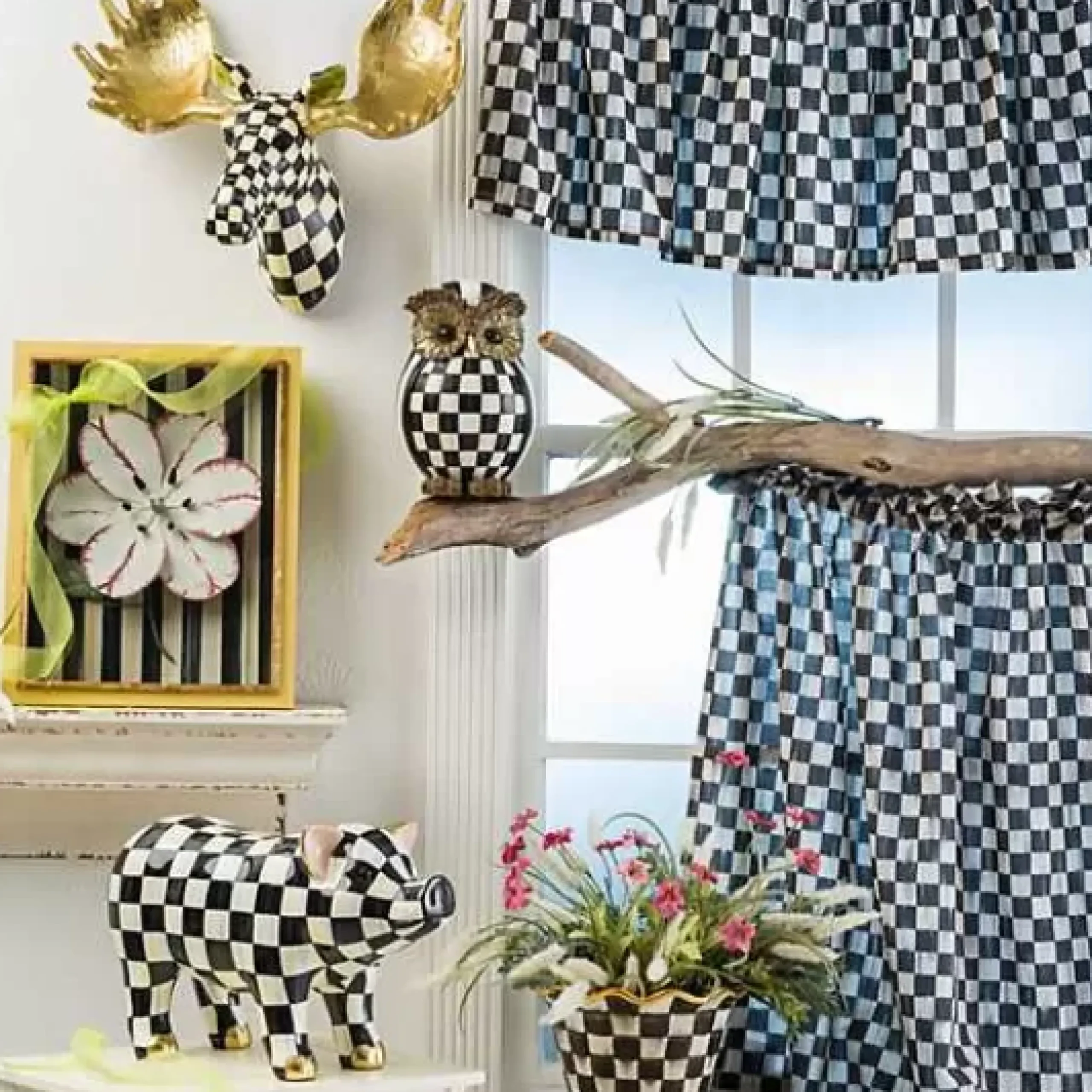 MacKenzie-Childs Courtly Check Pig Figurine< Spring|Room Accents
