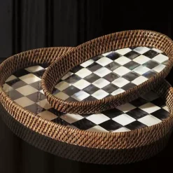 MacKenzie-Childs Courtly Check Rattan  Enamel Large Serving Tray< Fall Entertaining|Bar Entertaining