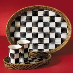 MacKenzie-Childs Courtly Check Rattan  Enamel Large Serving Tray< Fall Entertaining|Bar Entertaining