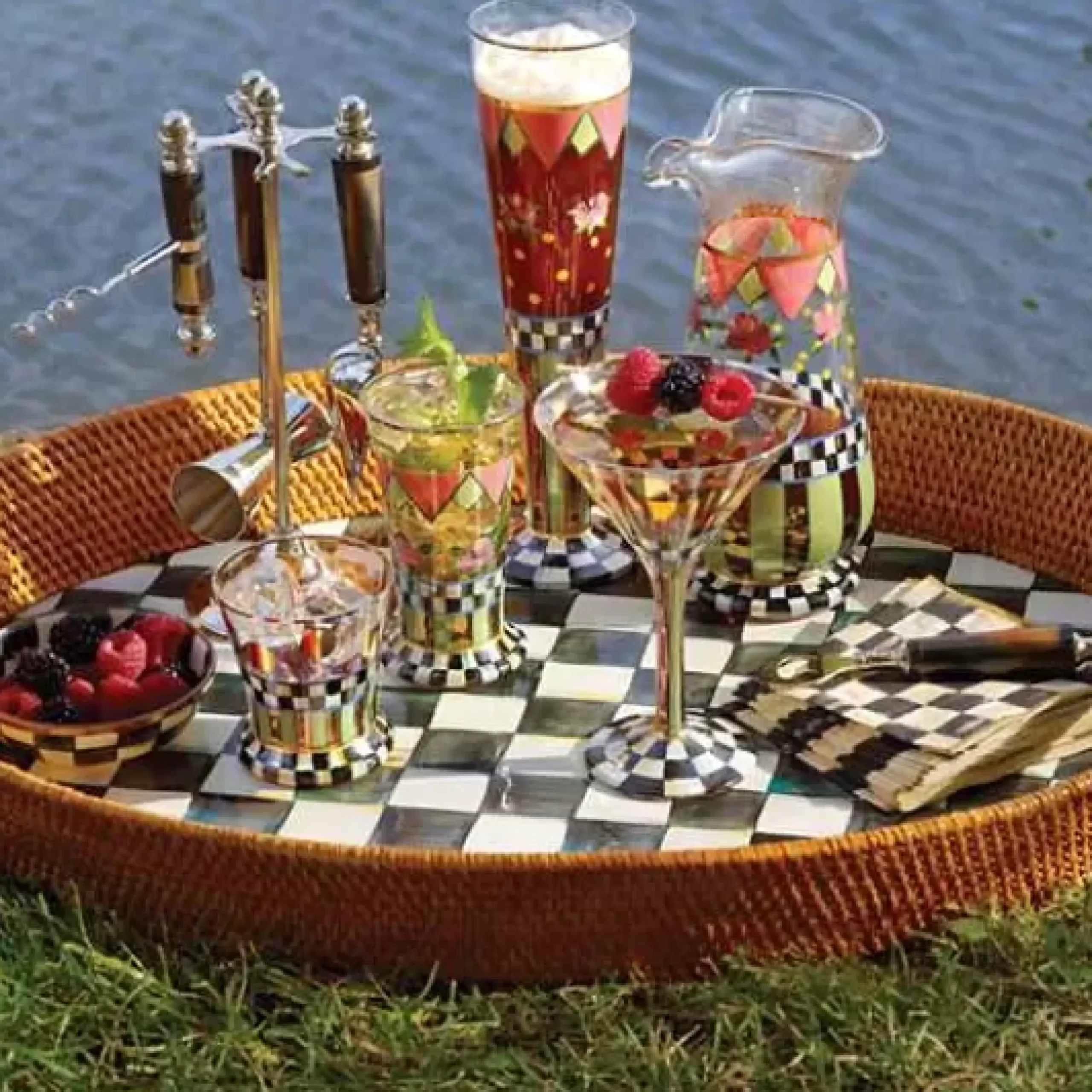 MacKenzie-Childs Courtly Check Rattan Enamel Party Serving Tray< Bar Entertaining|Serveware