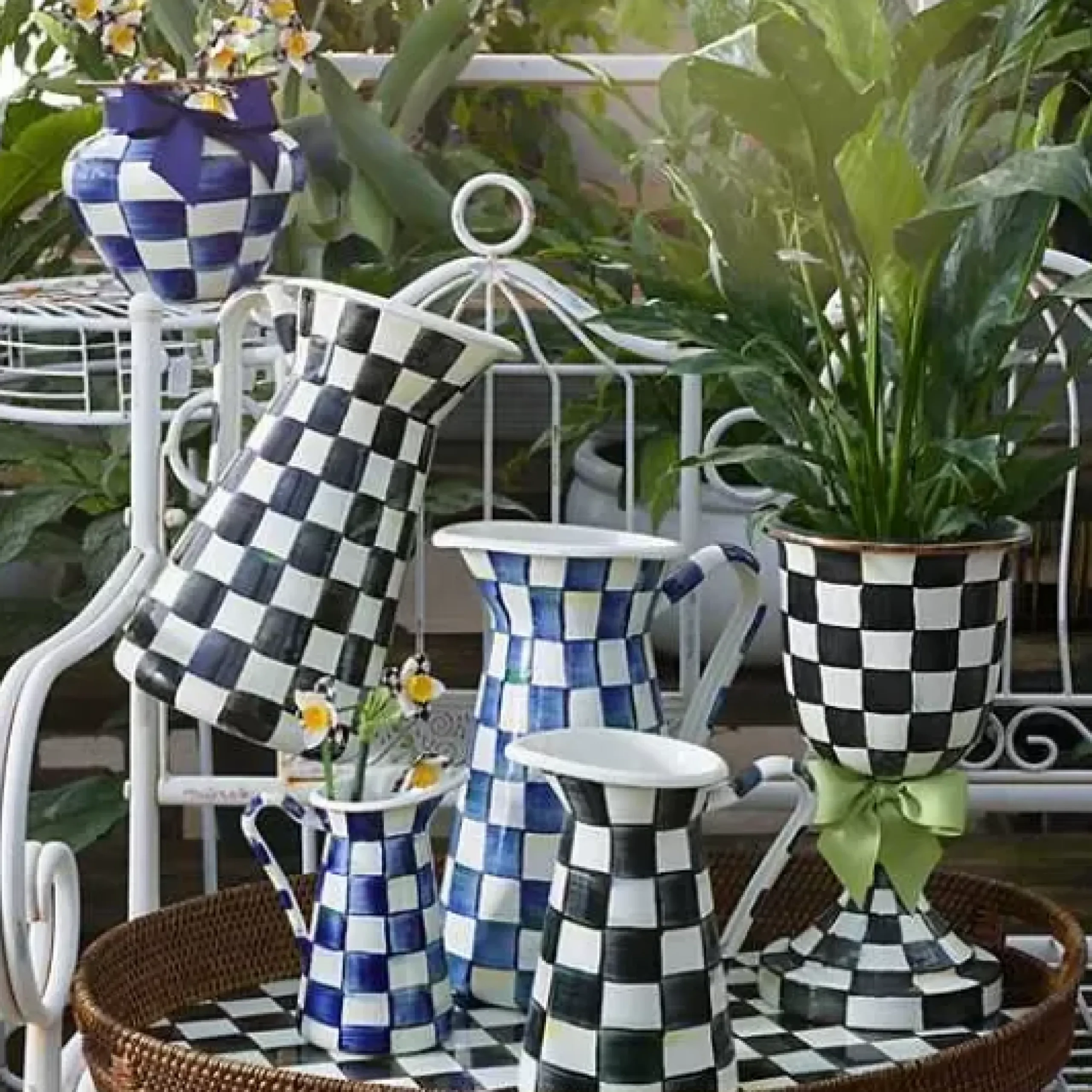 MacKenzie-Childs Courtly Check Rattan Enamel Party Serving Tray< Bar Entertaining|Serveware