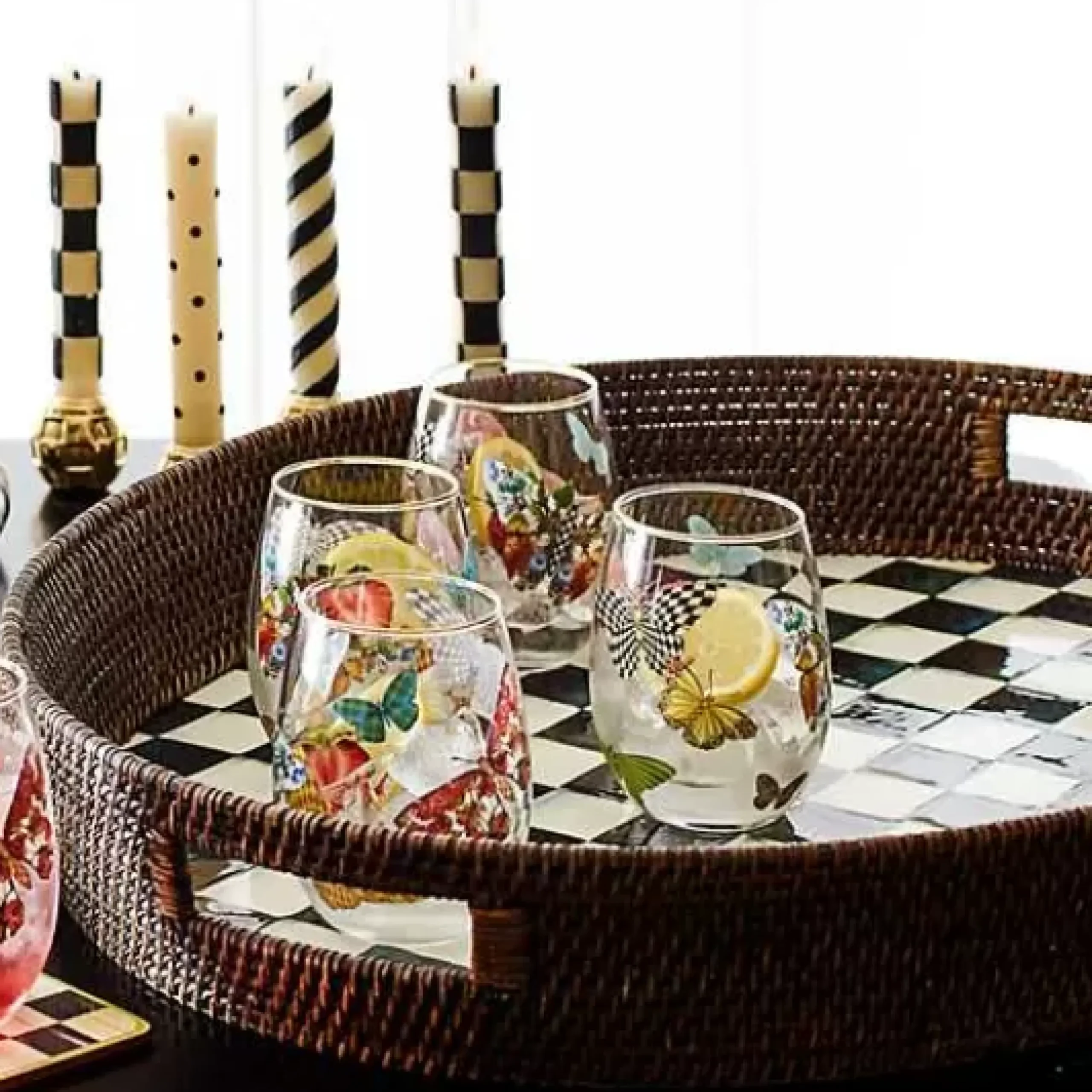 MacKenzie-Childs Courtly Check Rattan Enamel Party Serving Tray< Bar Entertaining|Serveware