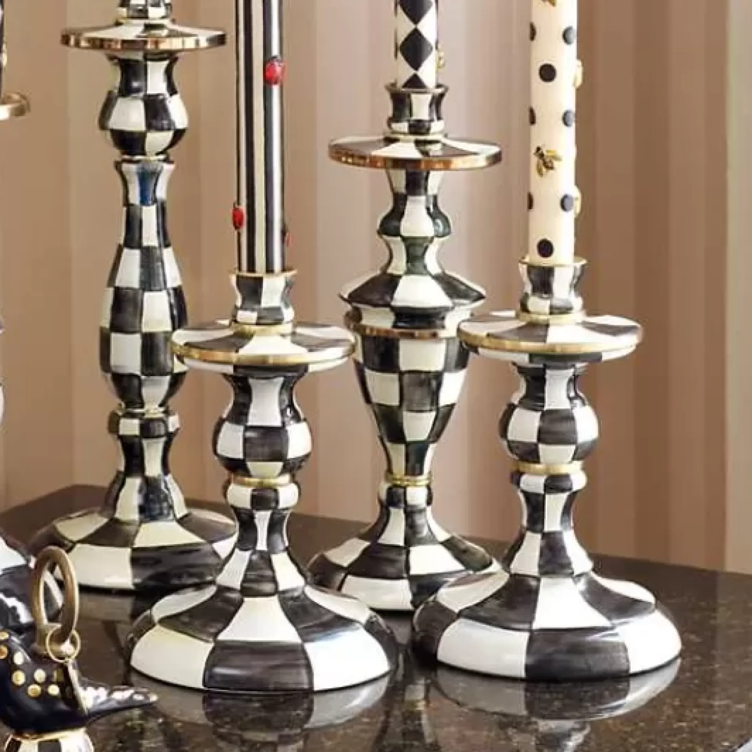 MacKenzie-Childs Courtly Check Small Enamel Candlestick< Candles & Fragrances|Table Accessories