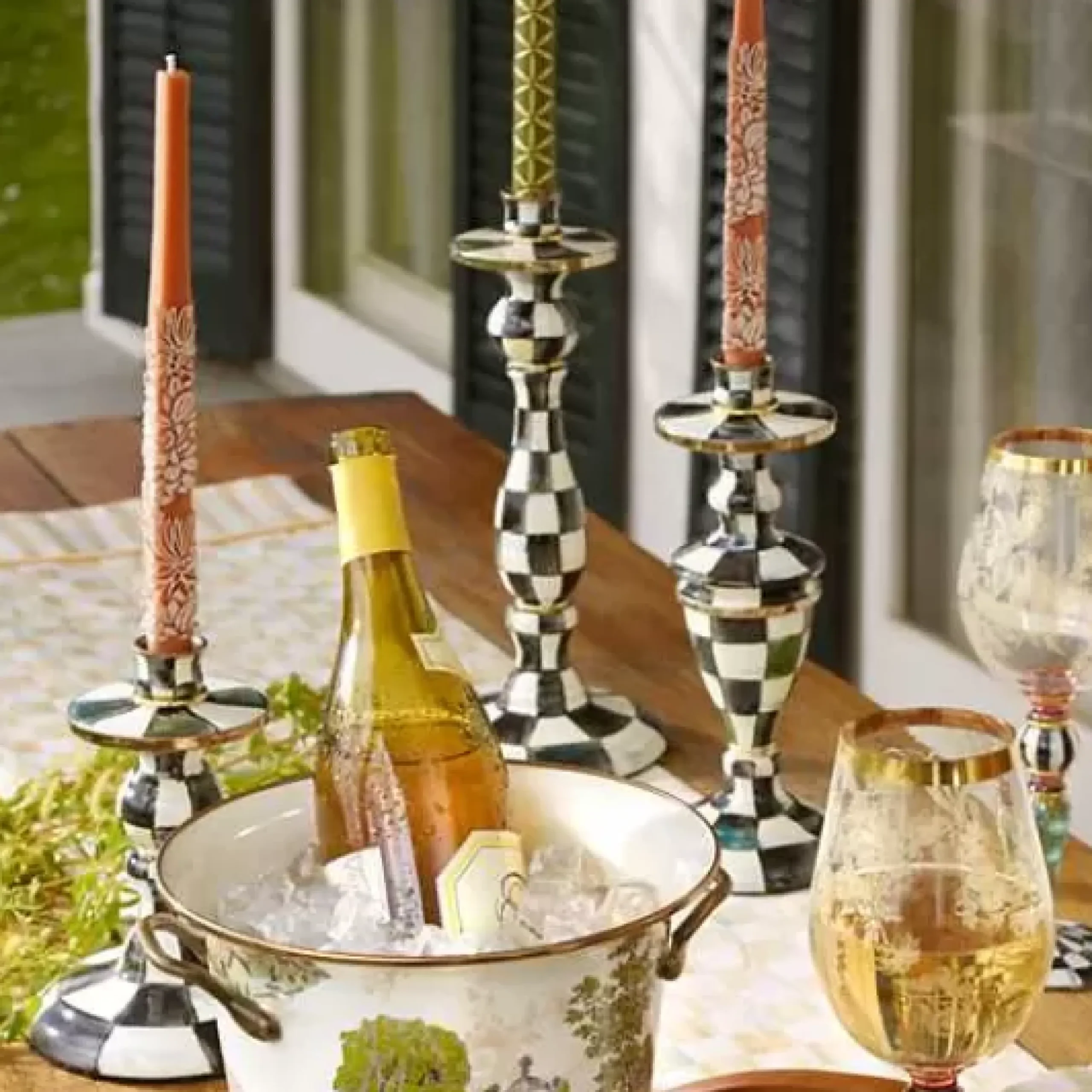 MacKenzie-Childs Courtly Check Small Enamel Candlestick< Candles & Fragrances|Table Accessories