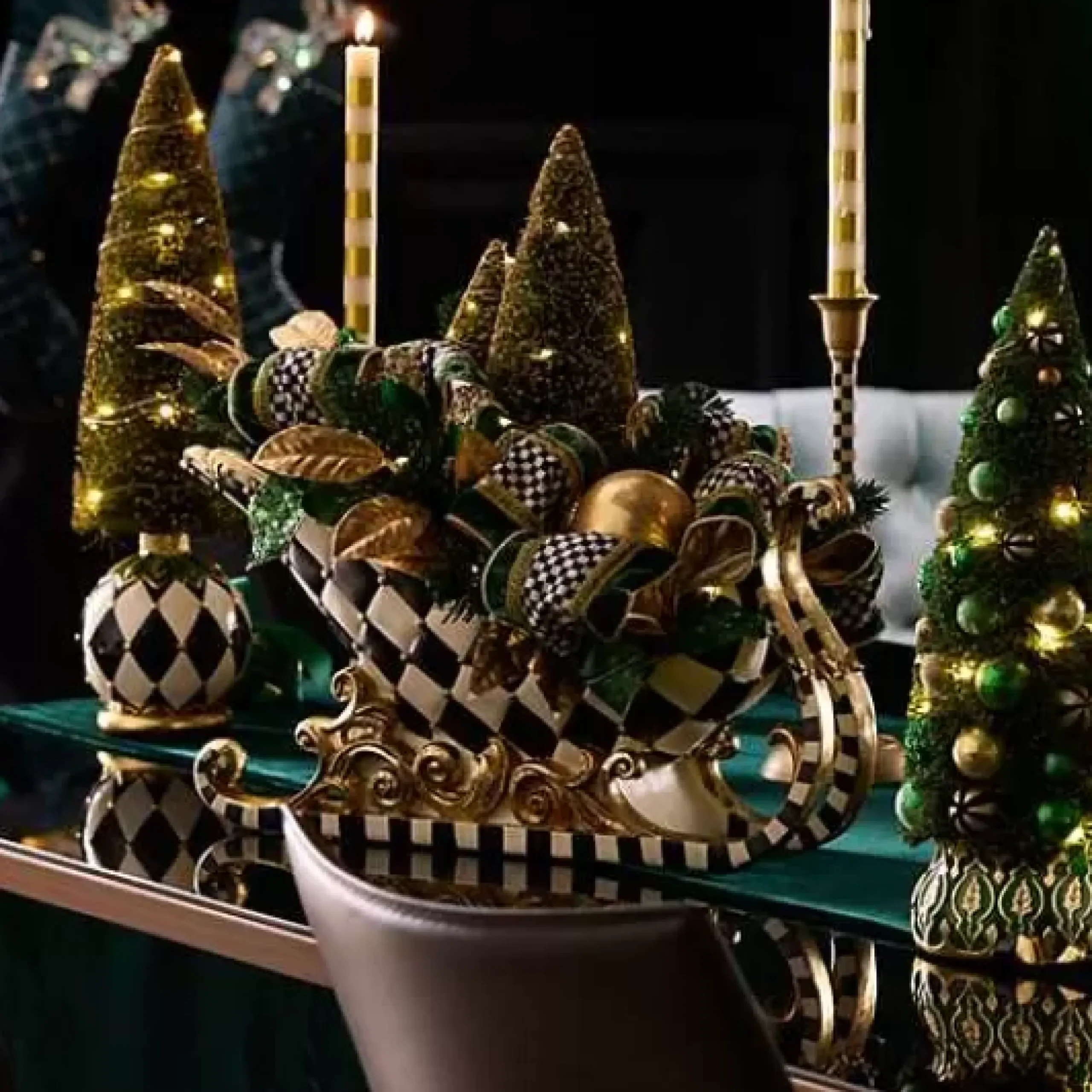 MacKenzie-Childs Emerald Luxe Illuminated Sleigh Centerpiece< Greenery & Florals|Table Accessories