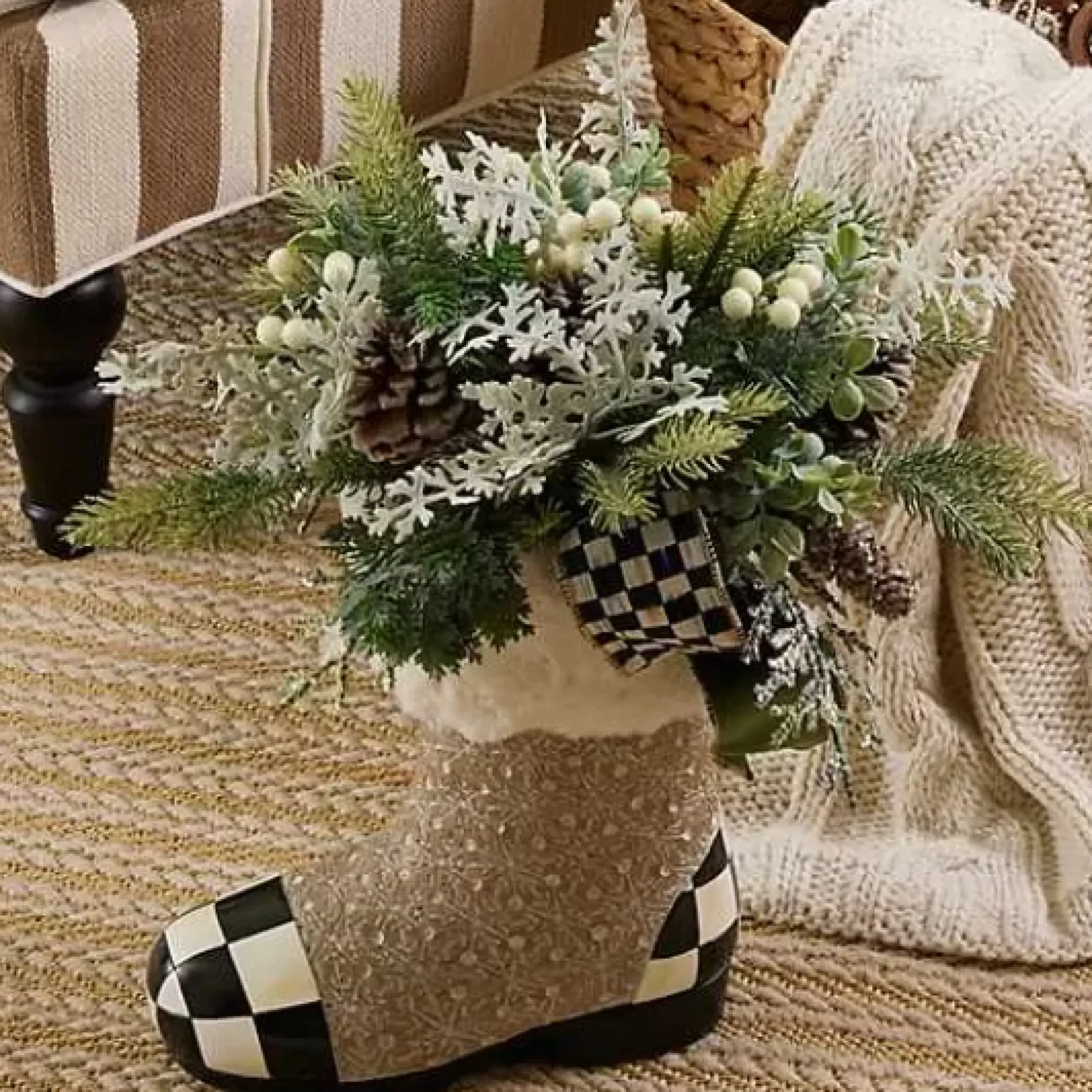 MacKenzie-Childs Farmhouse Holiday Boot Arrangement< Greenery & Florals
