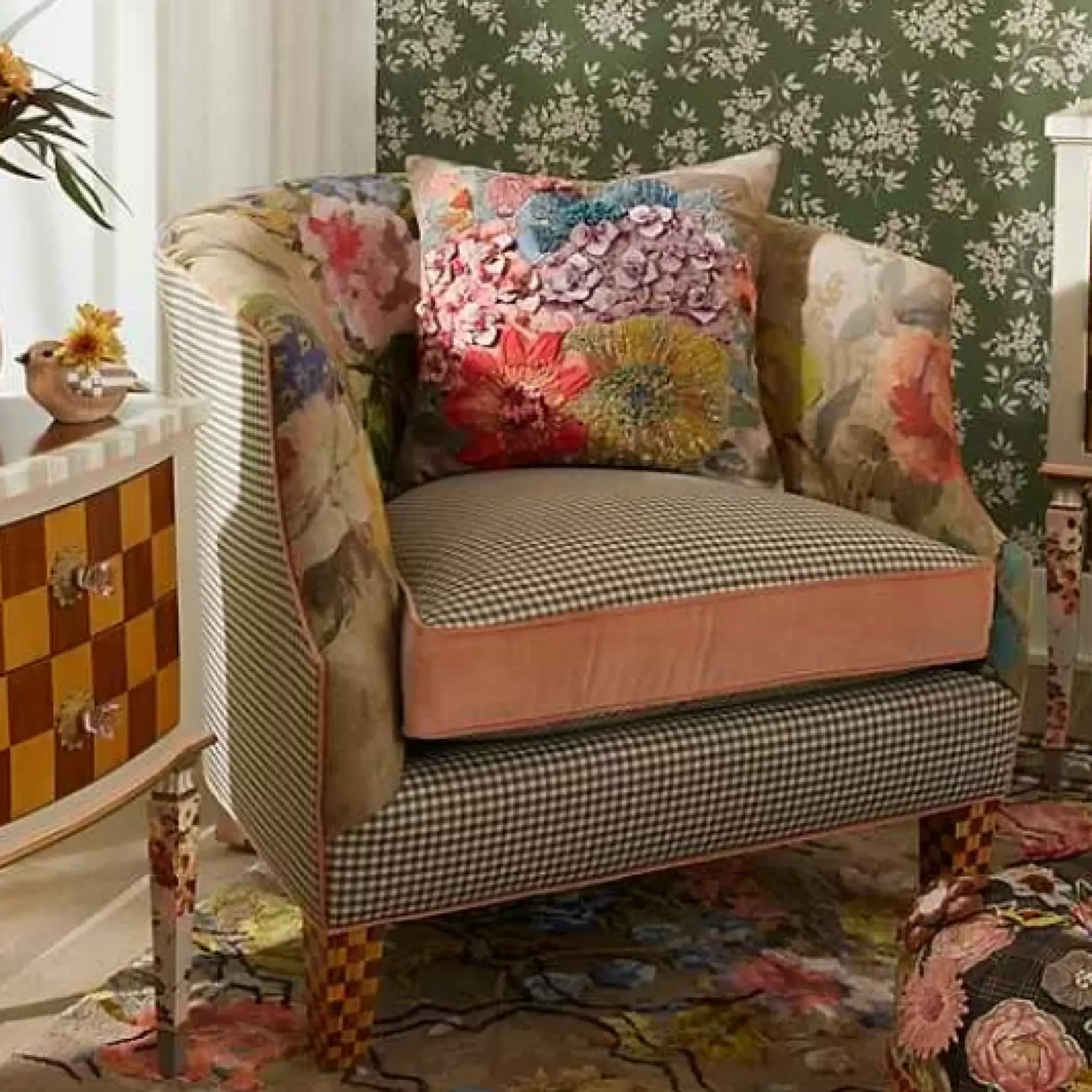 MacKenzie-Childs Field Study Floral Gingham Accent Chair< Living Room