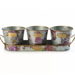 MacKenzie-Childs Flower Market Galvanized Herb Pots with Tray, Set of 3< Spring|Outdoor