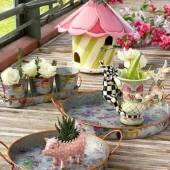 MacKenzie-Childs Flower Market Galvanized Herb Pots with Tray, Set of 3< Spring|Outdoor
