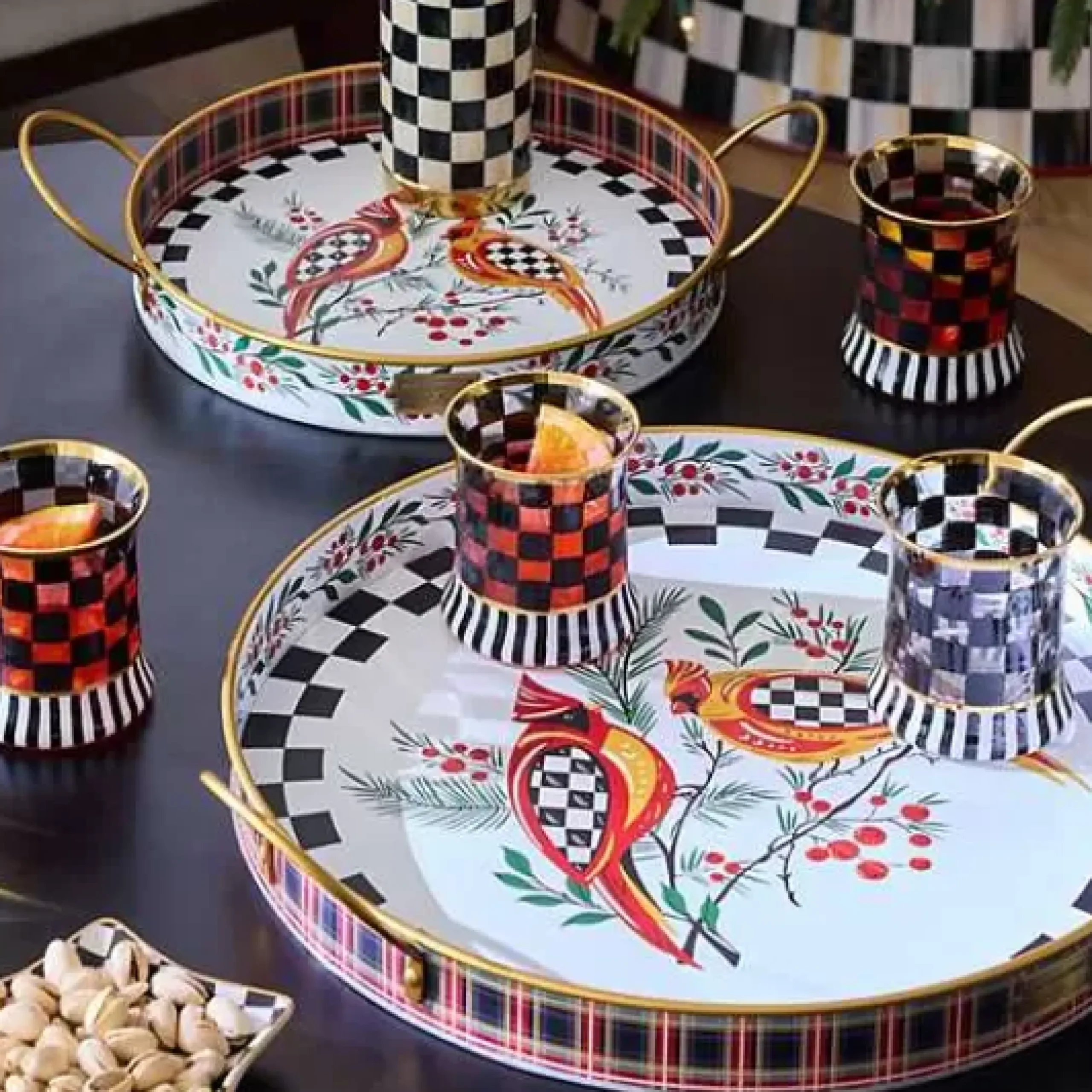 MacKenzie-Childs Holiday Cardinal Round Metal Serving Trays, Set of 2< Holiday|Serveware