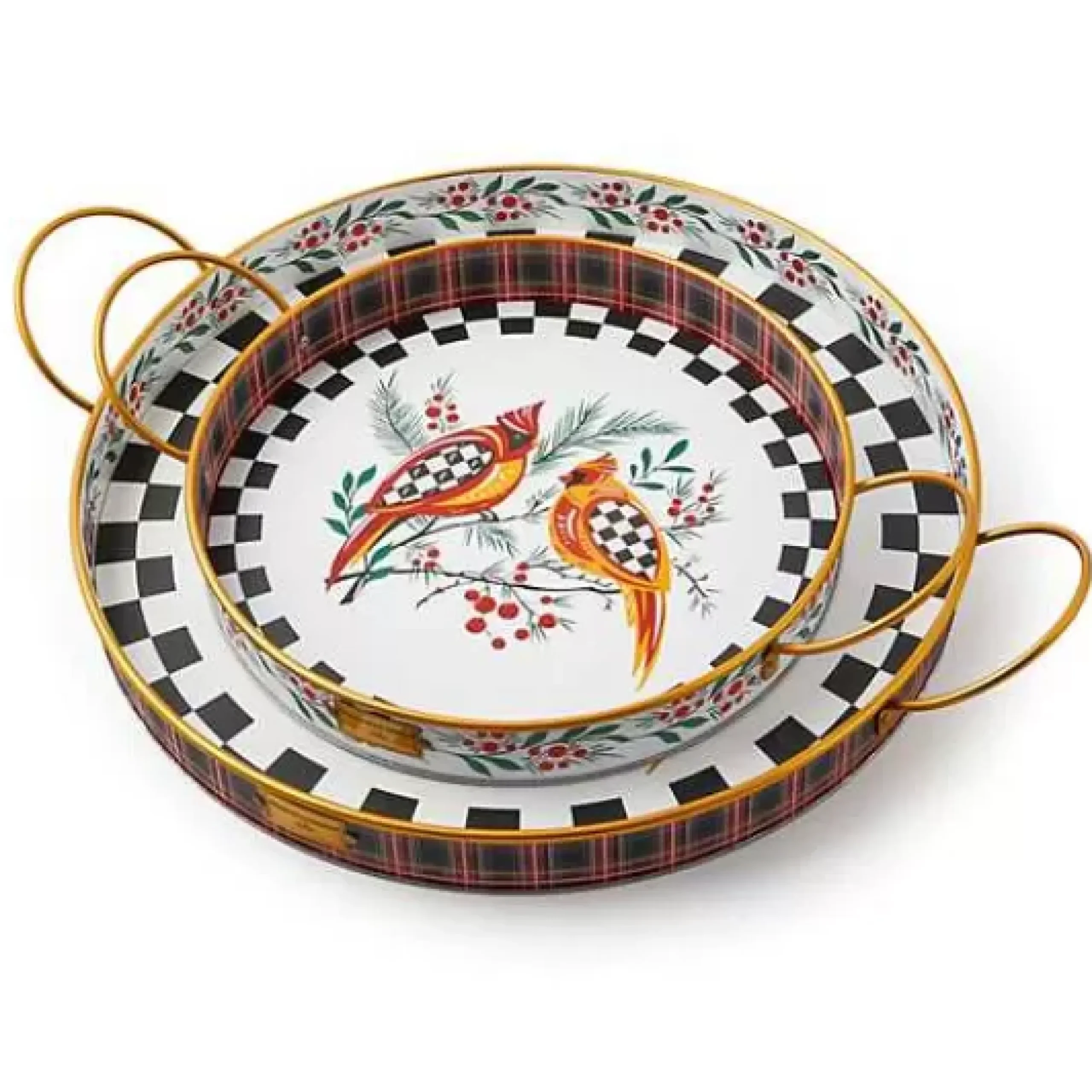 MacKenzie-Childs Holiday Cardinal Round Metal Serving Trays, Set of 2< Holiday|Serveware