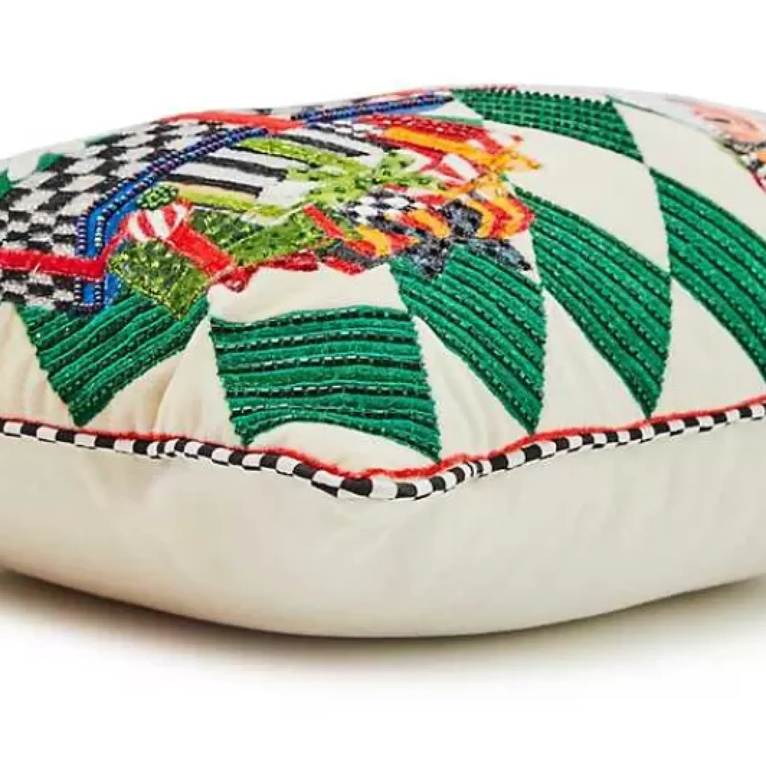 MacKenzie-Childs Jolly Holiday Santa with Packages Beaded Lumbar Pillow< Pillows, Throws, & Cushions