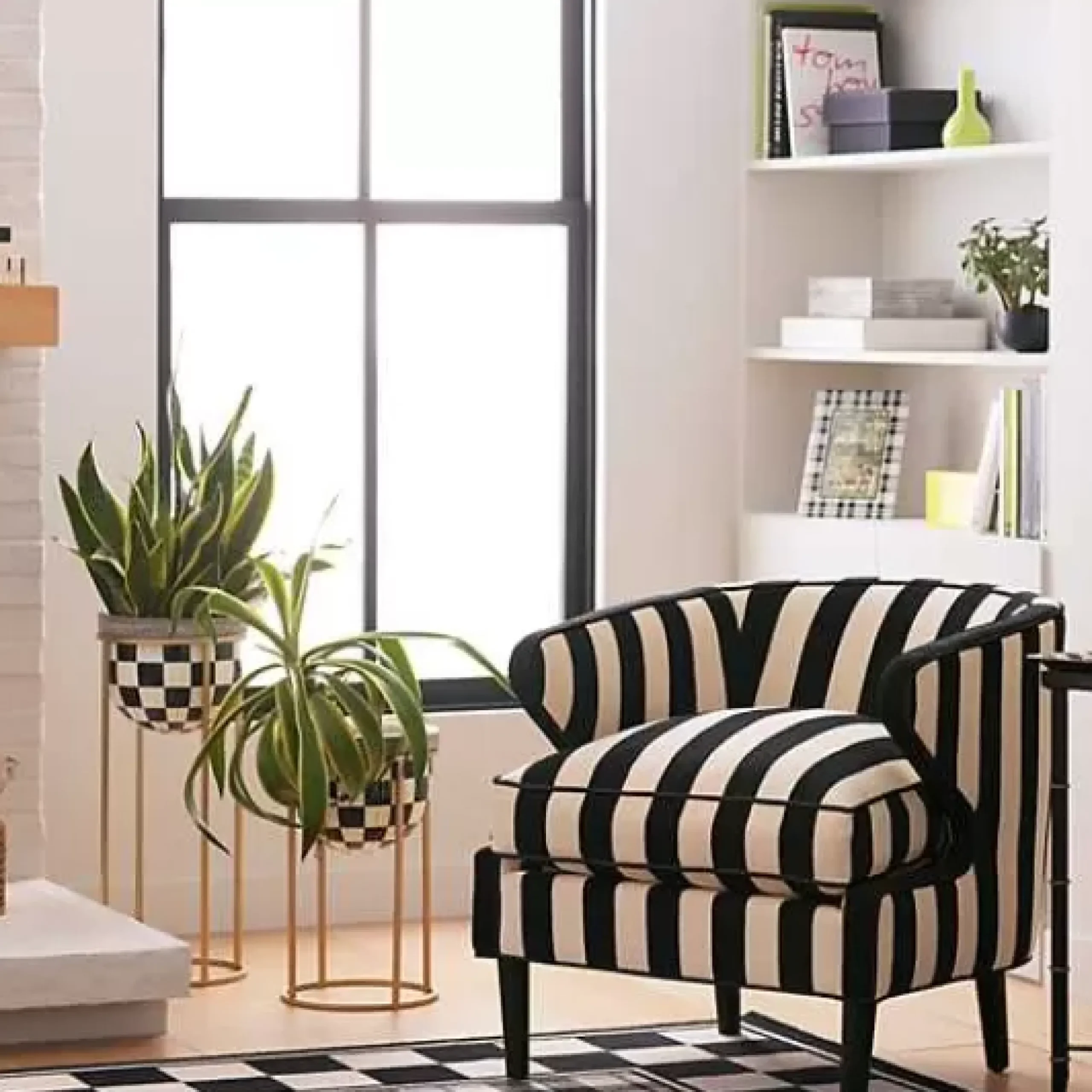 MacKenzie-Childs Marquee Black Stripe Chenille Accent Chair< Living Room