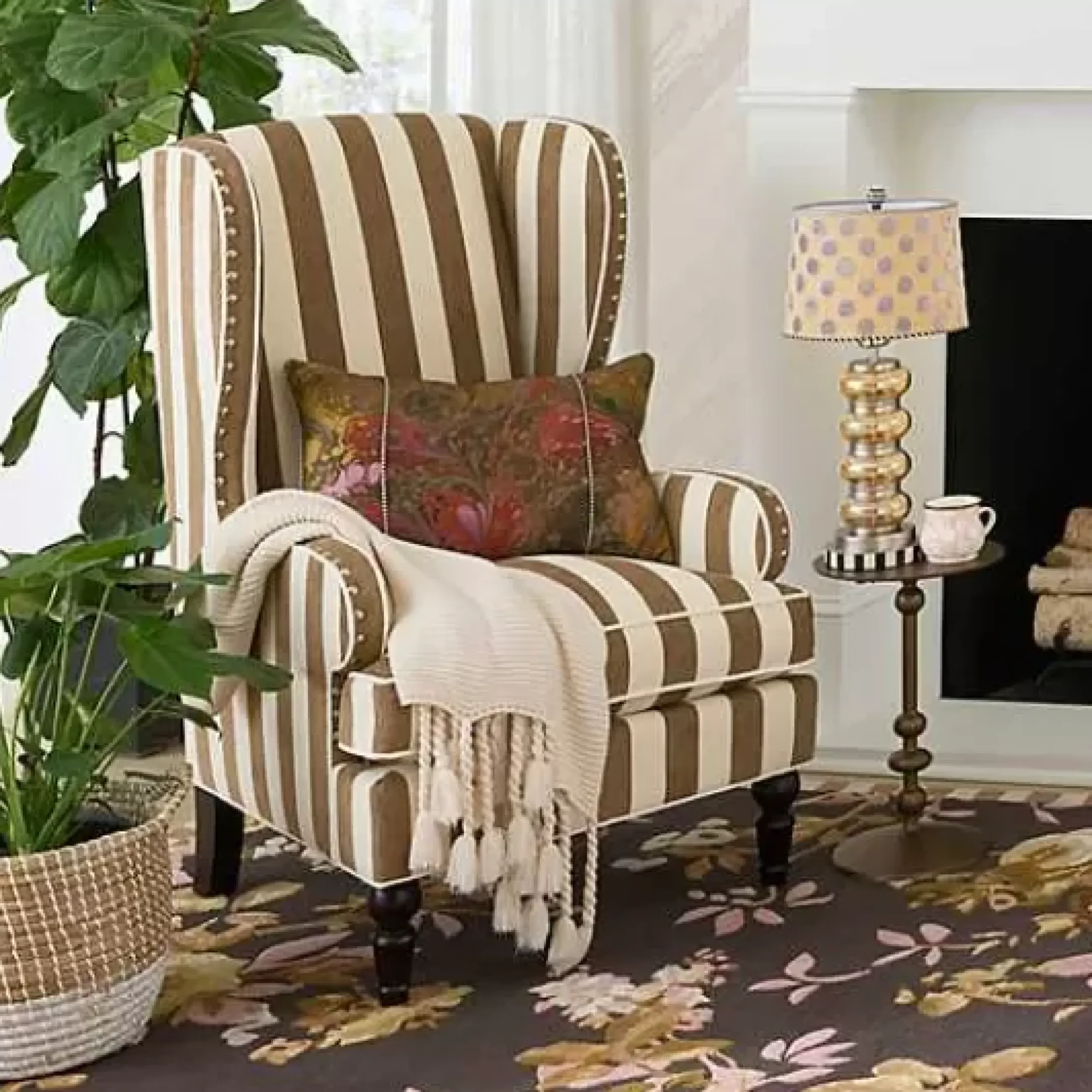 MacKenzie-Childs Marquee Brown Stripe Chenille Wing Chair< Living Room