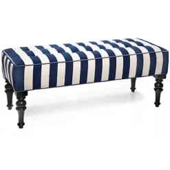 MacKenzie-Childs Marquee Navy Stripe Chenille Upholstered Bench< Living Room