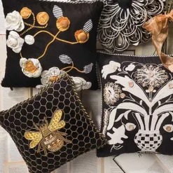 MacKenzie-Childs Queen Bee Black Throw Pillow< Pillows, Throws, & Cushions