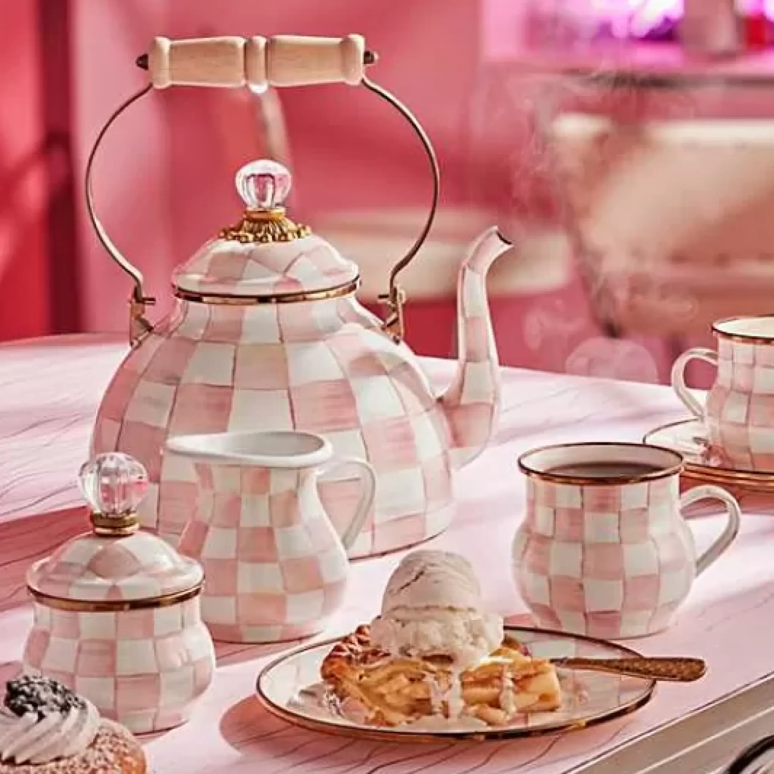 MacKenzie-Childs Rosy Check 3 Quart Tea Kettle< Easter|Spring