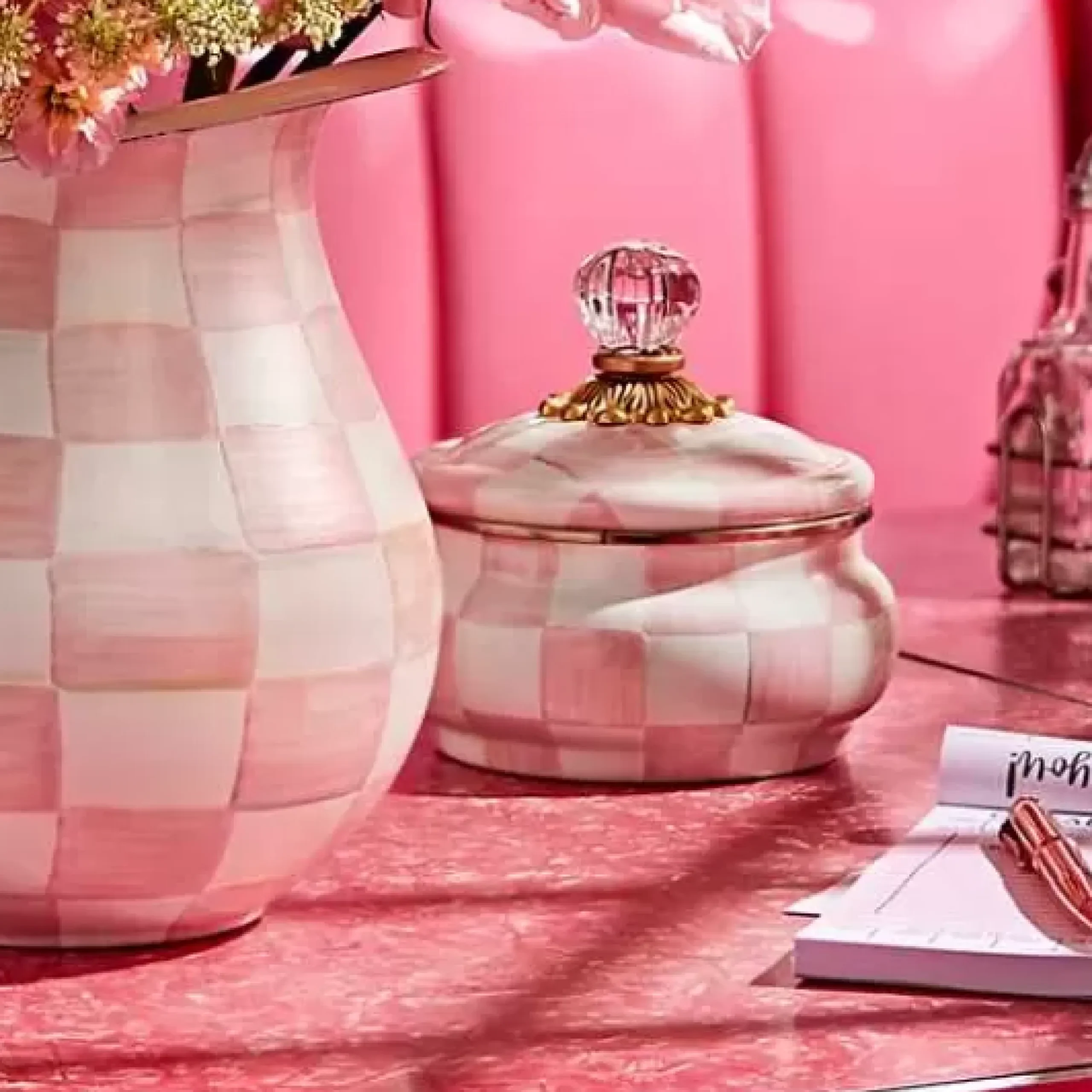MacKenzie-Childs Rosy Check Squashed Pot< Spring|Bath & Bath Accessories