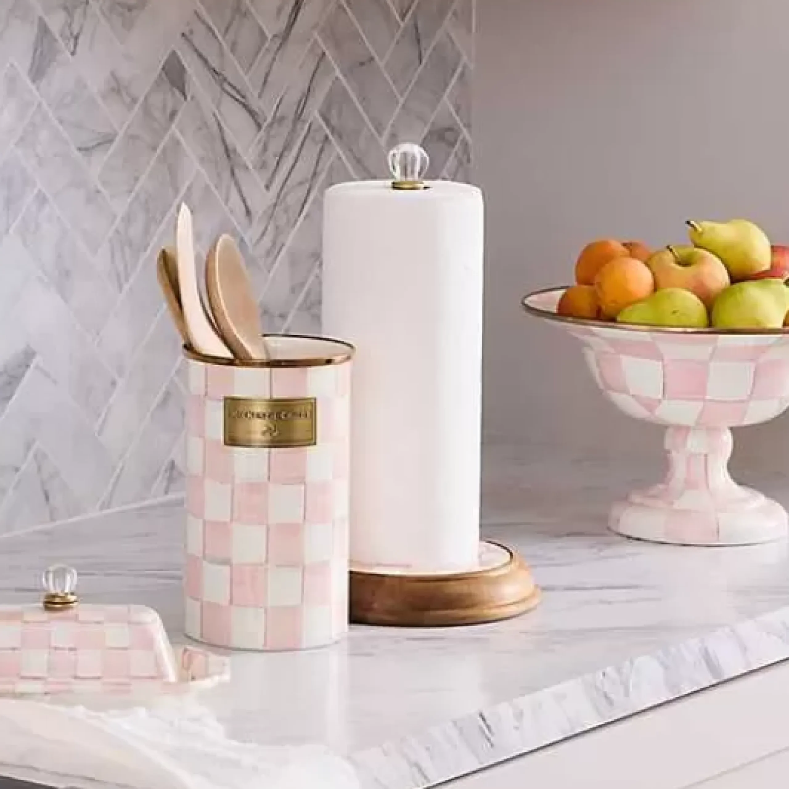 MacKenzie-Childs Rosy Check Wood Paper Towel Holder< Kitchen Storage & Organization