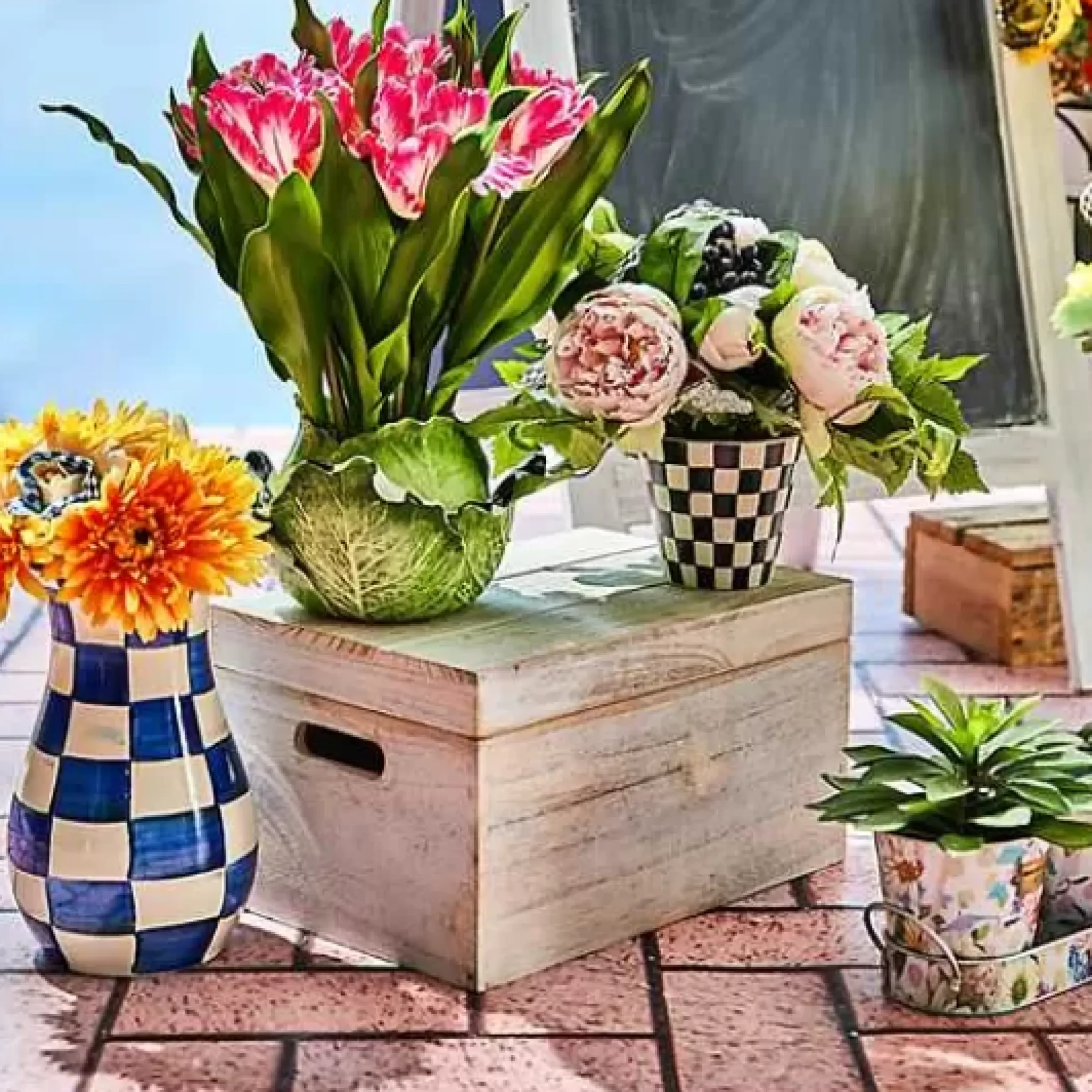 MacKenzie-Childs Royal Check Tall Vase Bouquet Set< Spring|Greenery & Florals