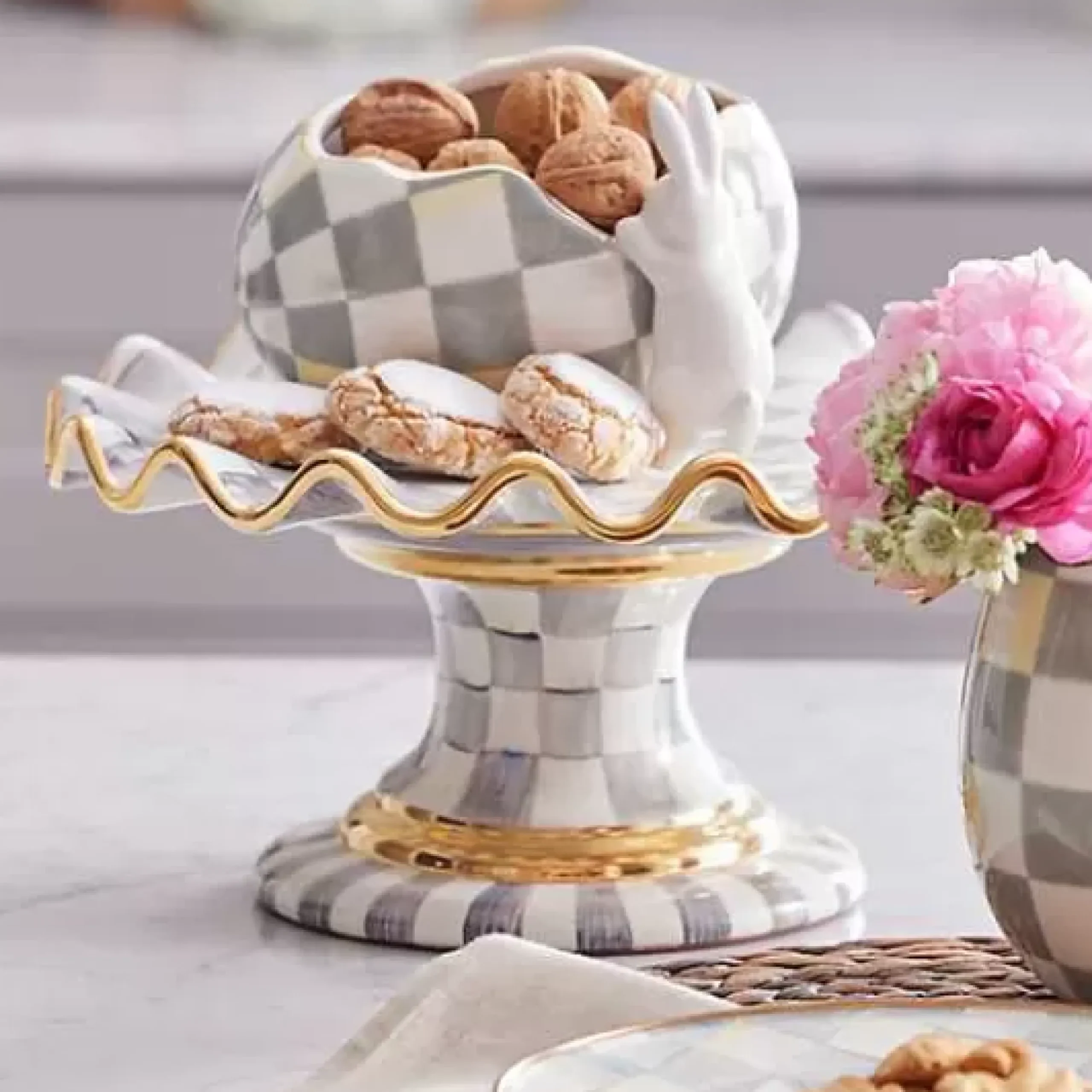 MacKenzie-Childs Sterling Check Ceramic Fluted Cake Stand< Serveware