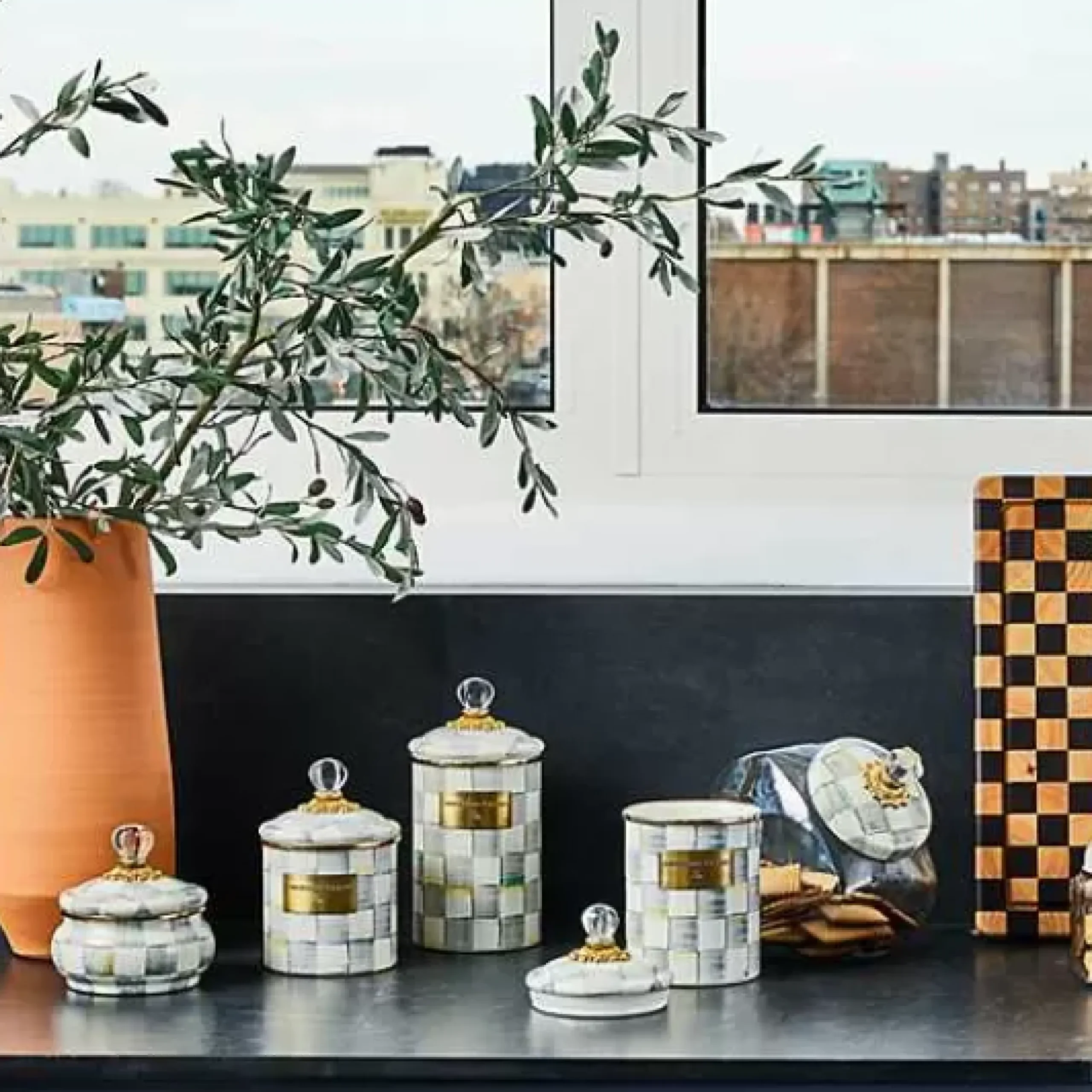 MacKenzie-Childs Sterling Check Medium Canister< Room Accents|Kitchen Storage & Organization