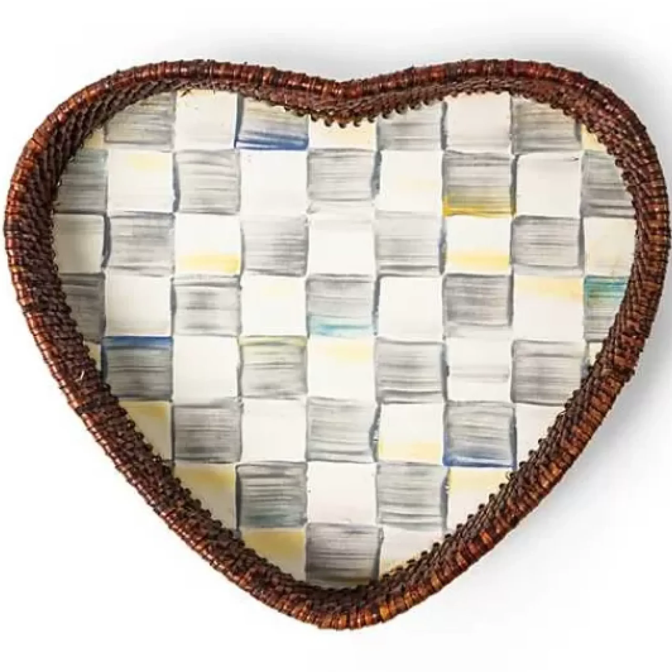 MacKenzie-Childs Sterling Check Rattan Enamel Heart Tray< The Coffee Shop|Bar Entertaining