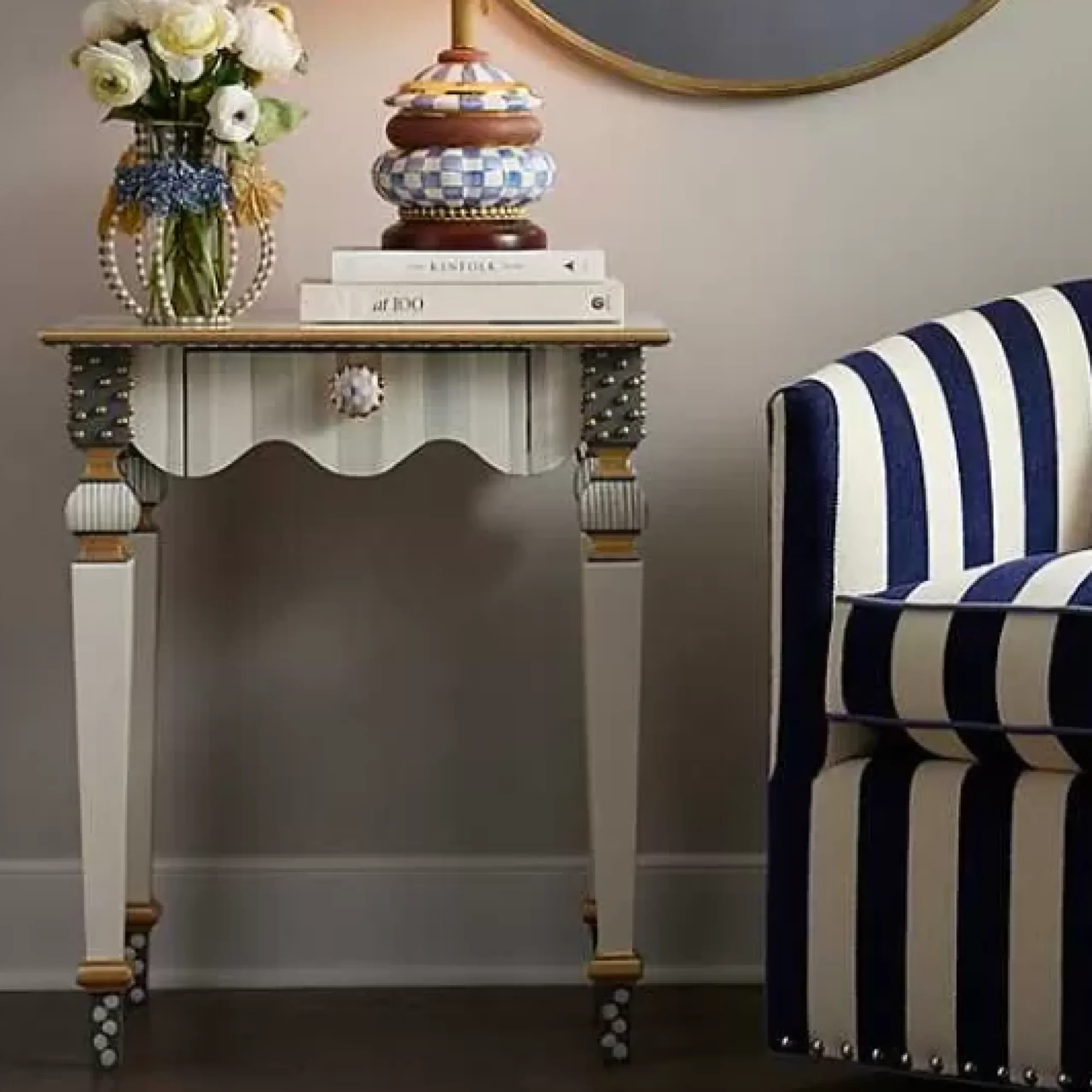 MacKenzie-Childs Sterling Check Stripe Side Table< Living Room