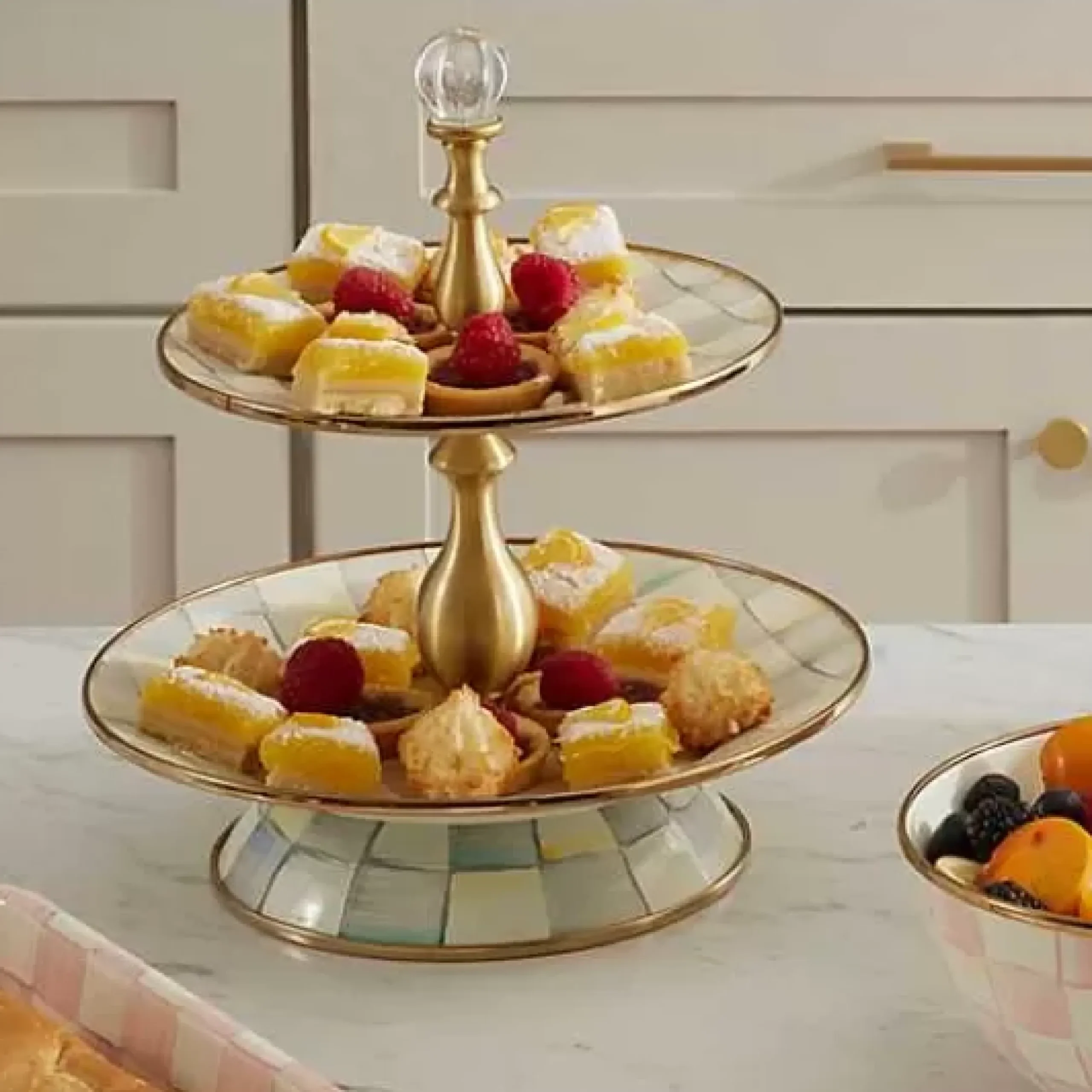 MacKenzie-Childs Sterling Check Two Tier Sweet Stand< Fall Entertaining|Serveware
