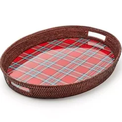MacKenzie-Childs Tartan Red Rattan Party Serving Tray< Serveware