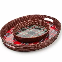 MacKenzie-Childs Tartan Red Rattan Party Serving Tray< Serveware