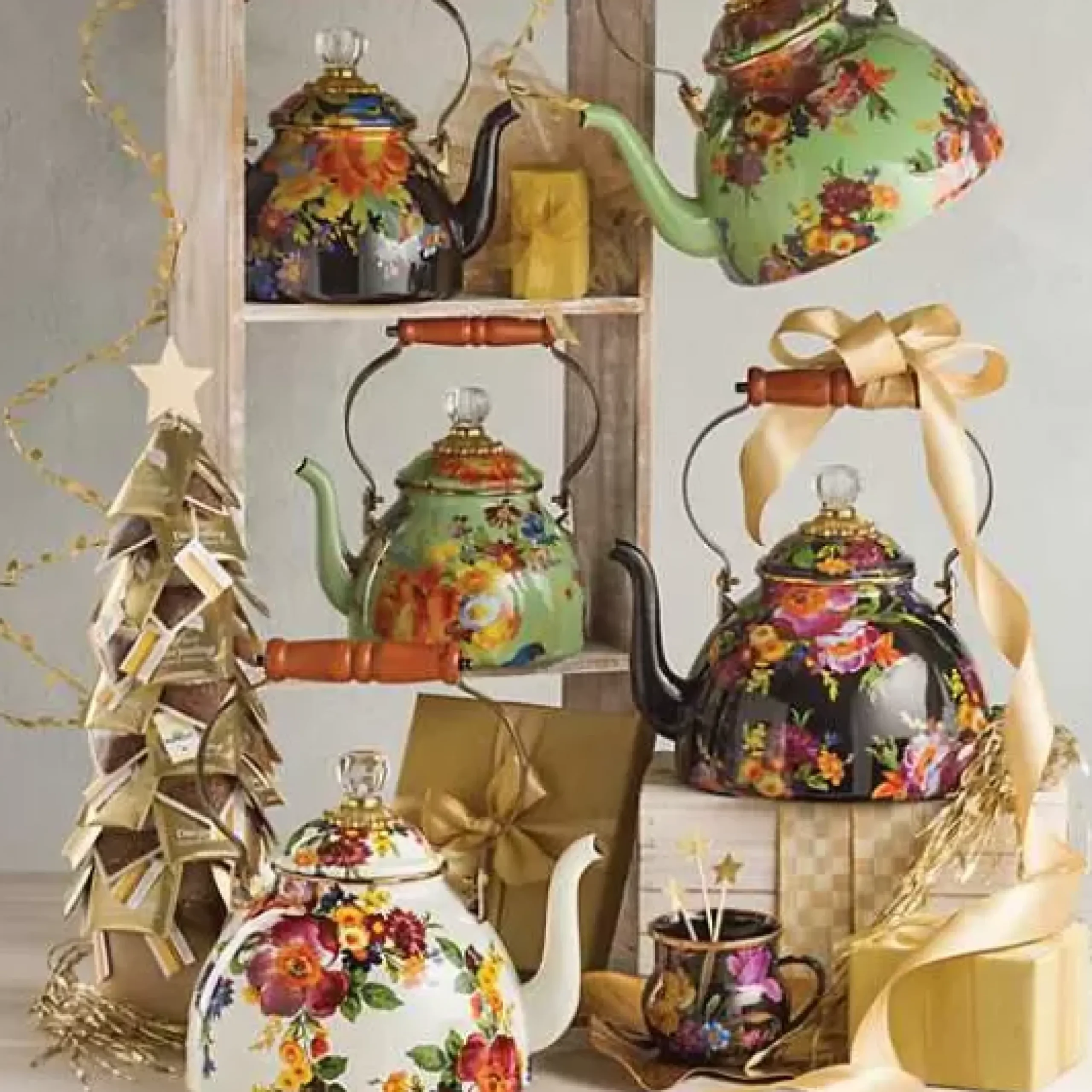 MacKenzie-Childs White Flower Market 3 Quart Tea Kettle< Tea Kettles
