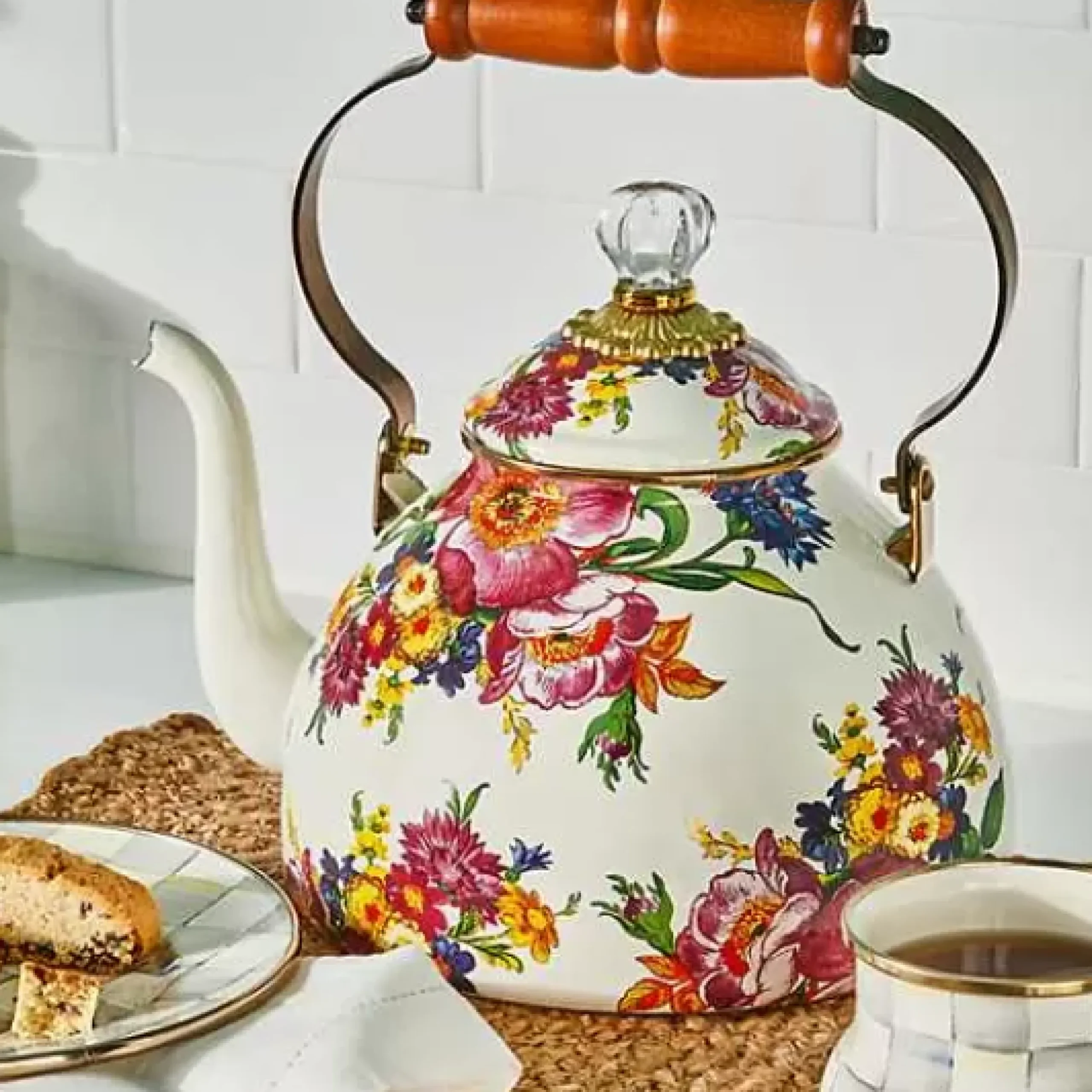 MacKenzie-Childs White Flower Market 3 Quart Tea Kettle< Tea Kettles